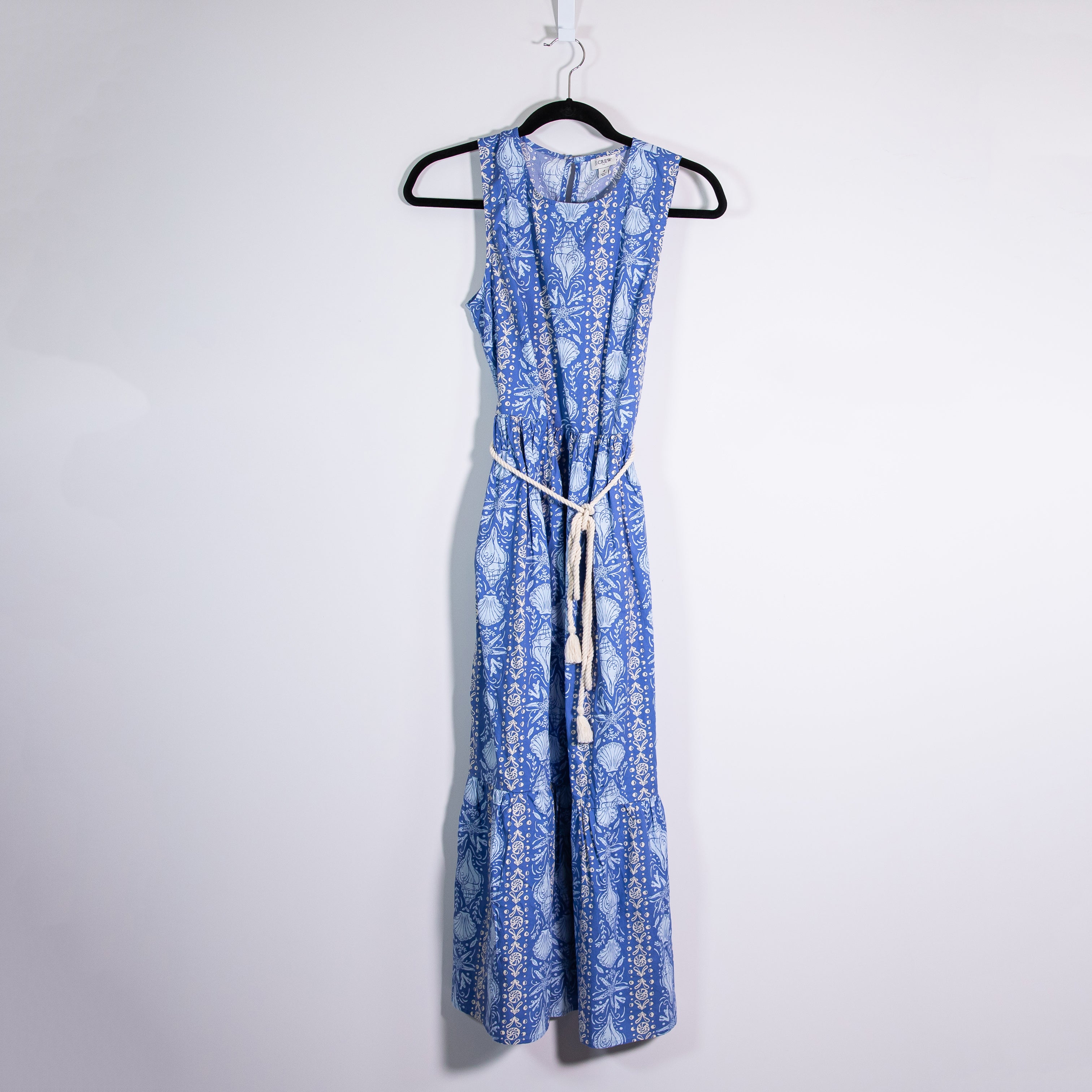 J. Crew Cotton Poplin Stretch Tier Rope Belt Midi Dress Vintage Peri Gentle Sea