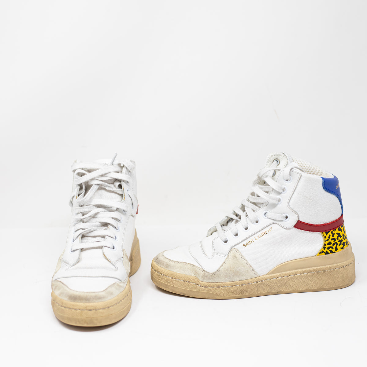 Saint Laurent Paris Mid Top Suede Leather Canvas Multi Printed Sneaker Shoes