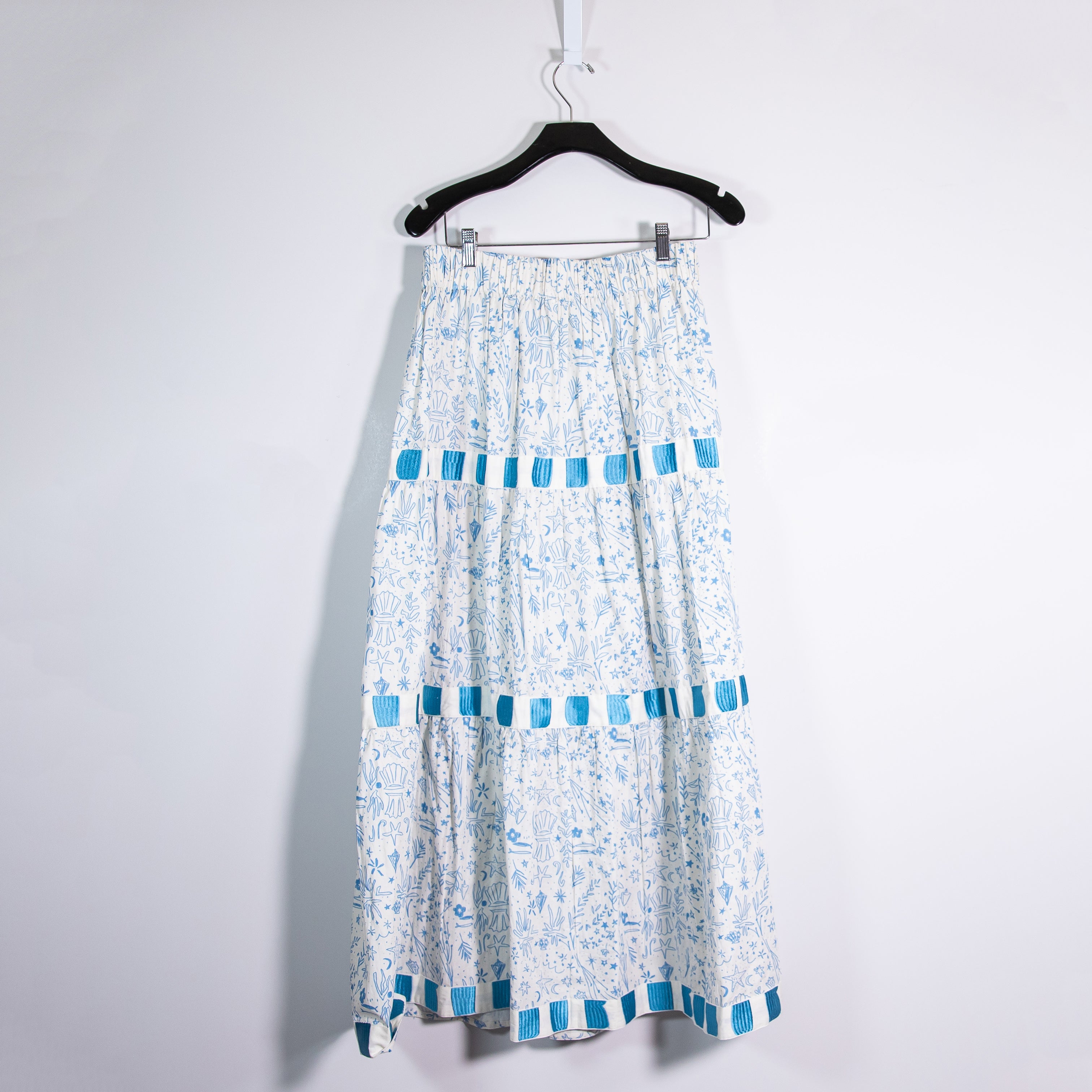 Beau & Ro The Abby Cotton Poplin Tiered Layered Maxi Skirt Blue Stars And Shells
