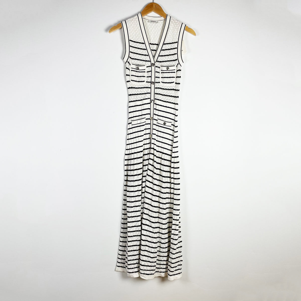NEW Sandro Molina Crochet Knit Button Front Blanc Noir Striped Midi Dress Small