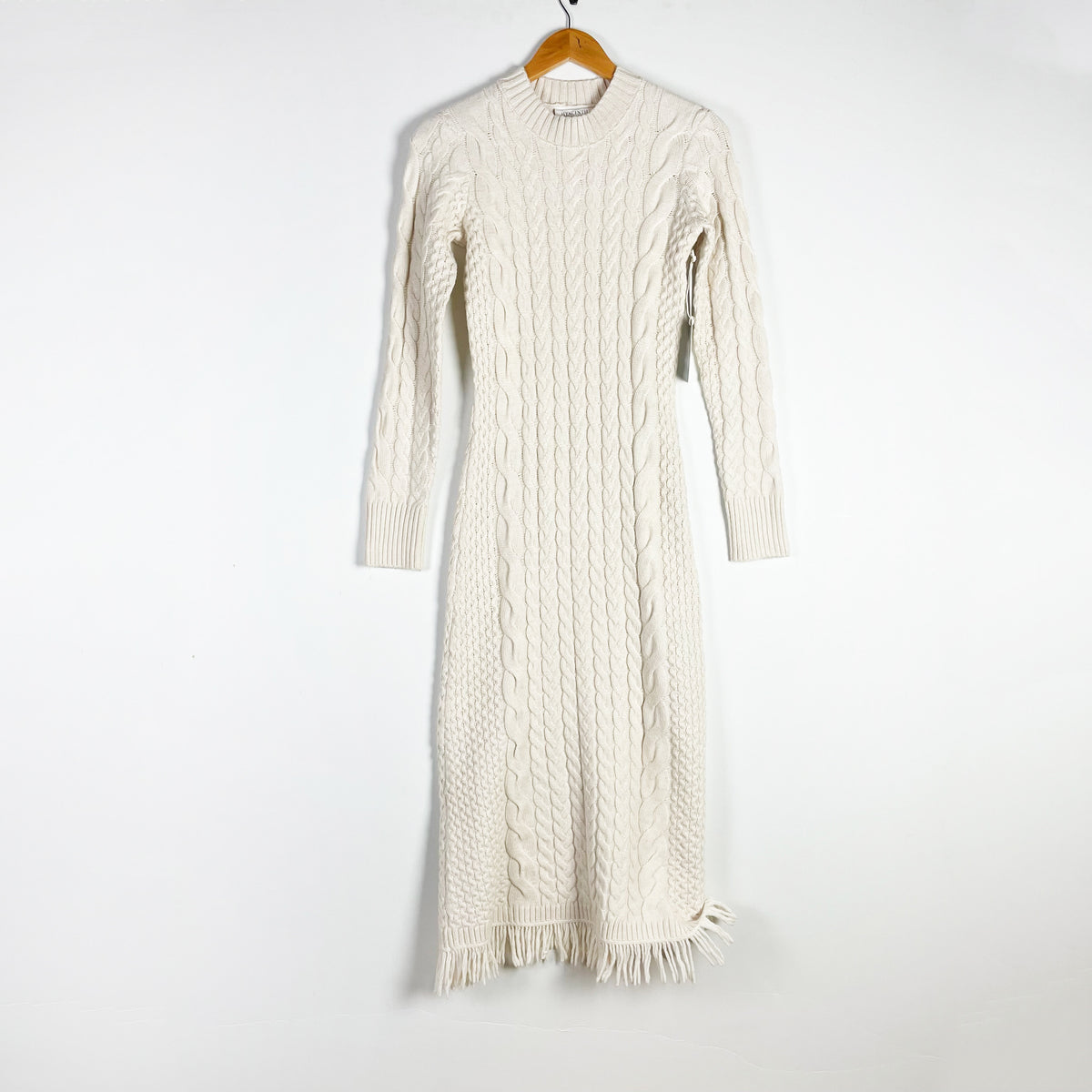 NEW Hyacinth House Freya Fringe Cable Knit Sweater Midi Dress Cream XS