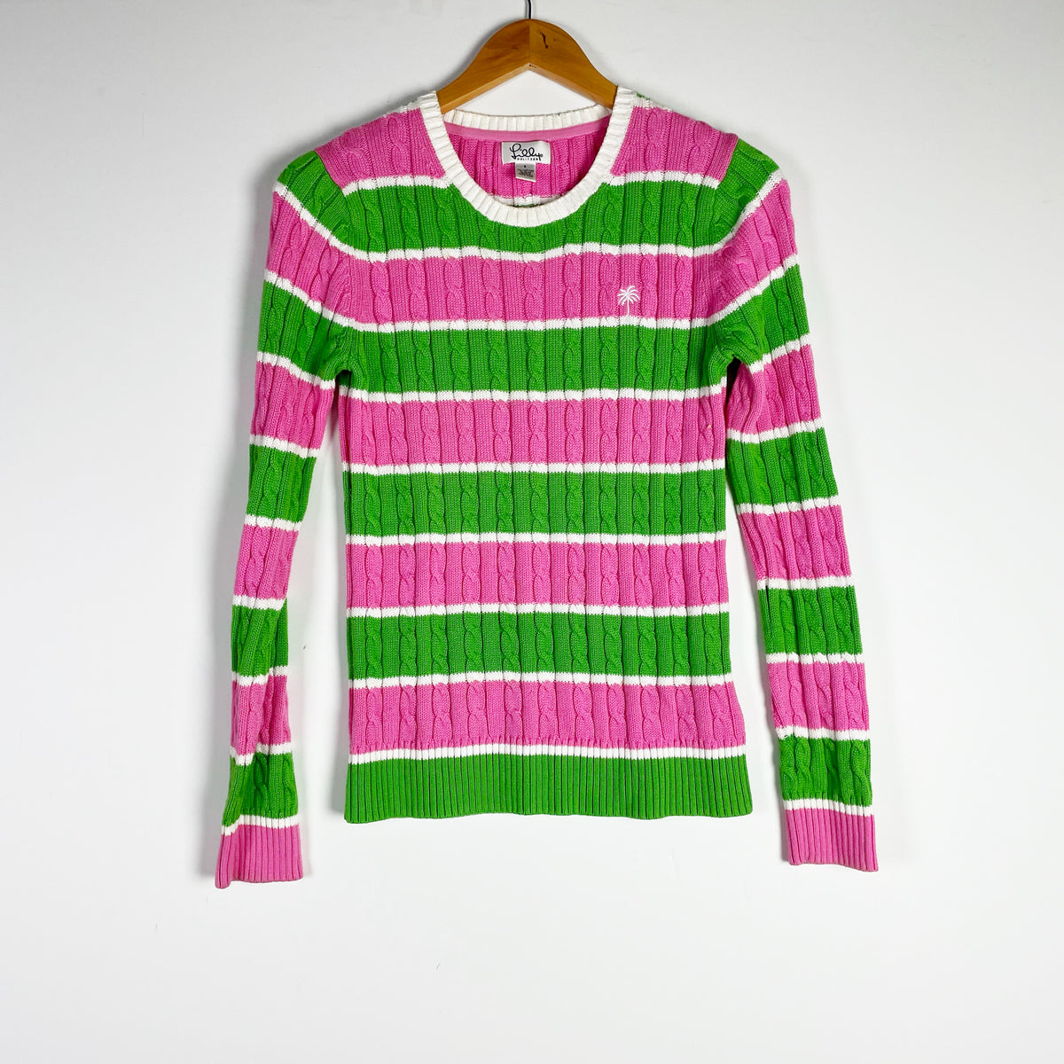Lilly Pulitzer Vintage White Label Cotton Pink Green Stripe Crew Neck Sweater S