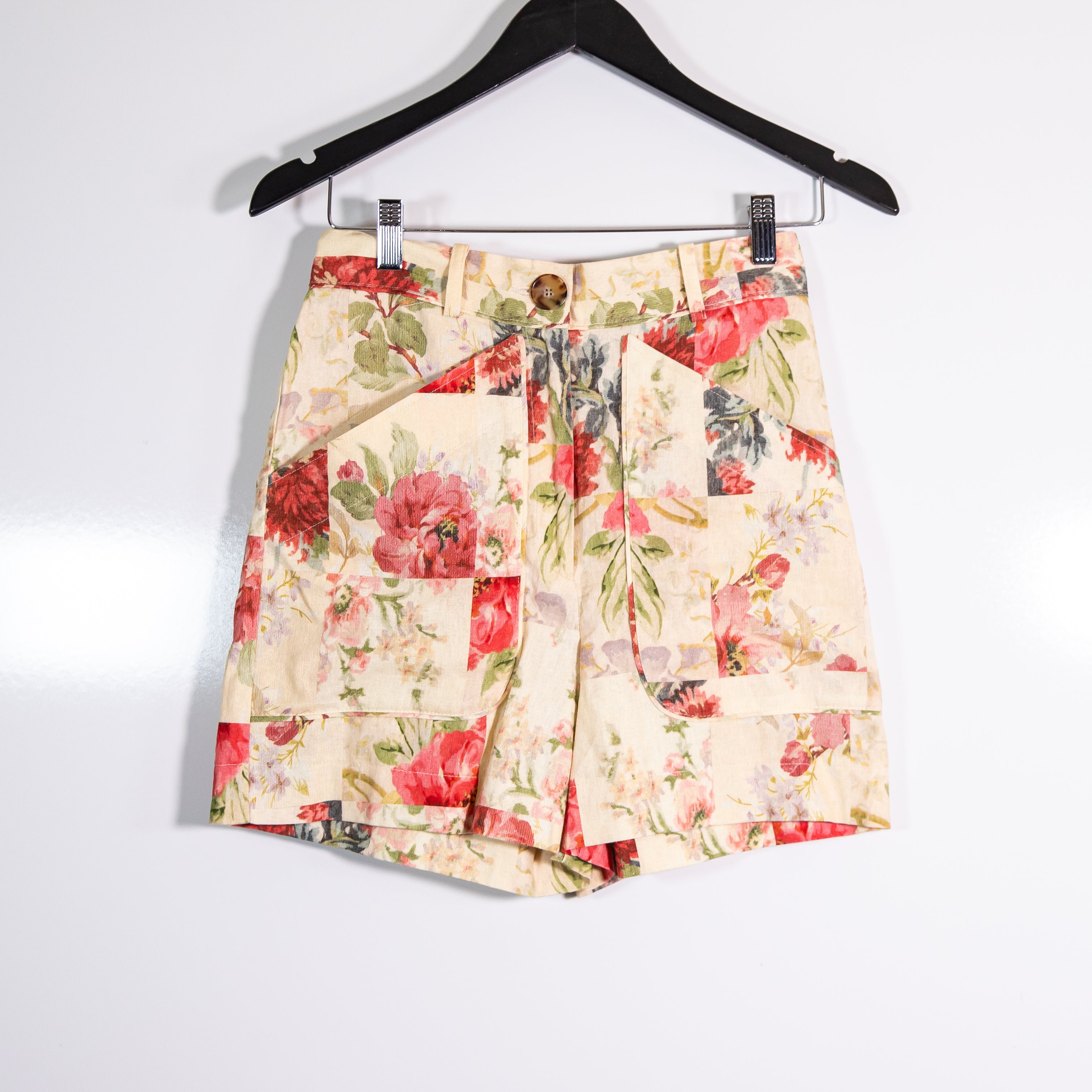 Sezane Alberello Linen Blend High Waisted Mini Shorts Magda Floral Print Small