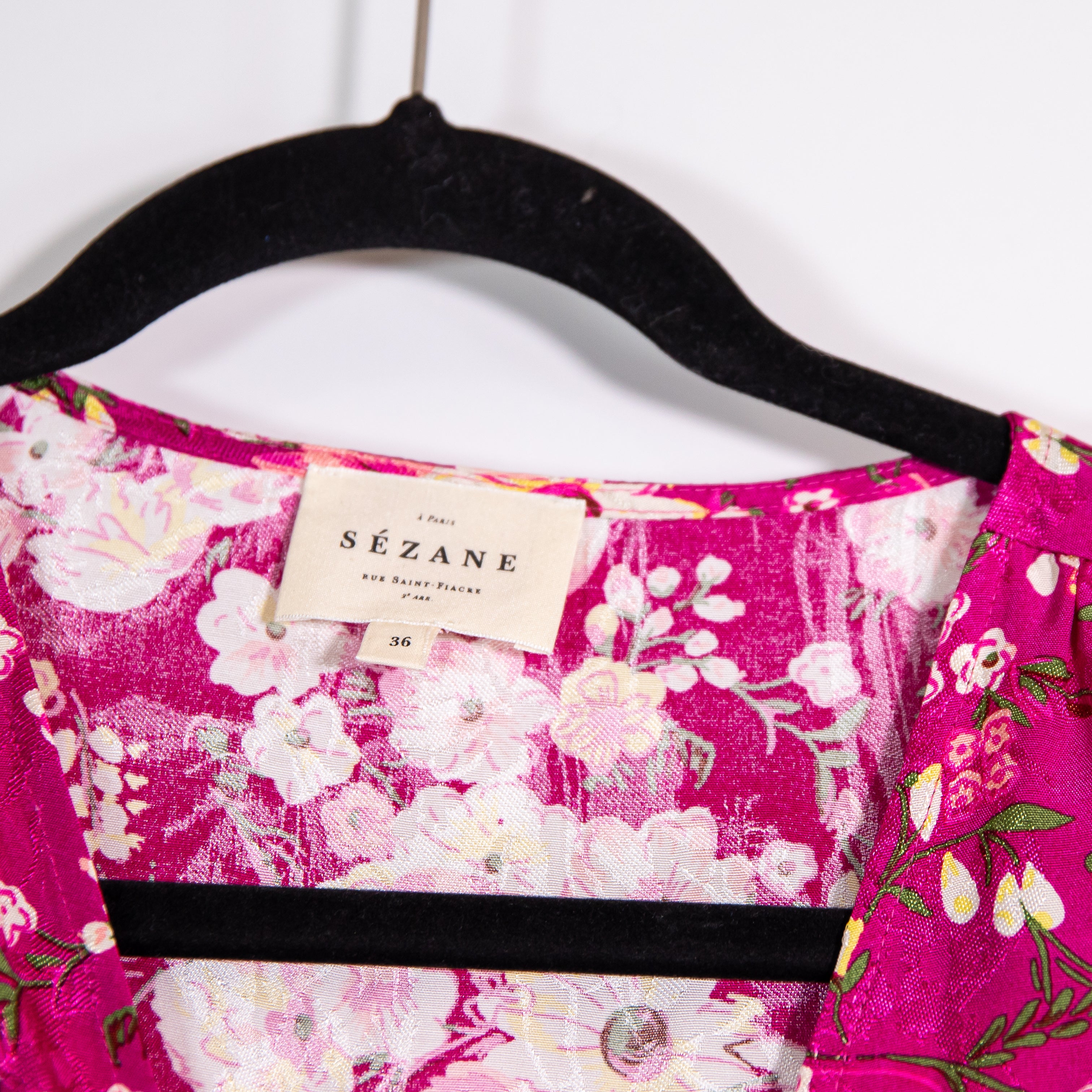 Sezane Dira Satin V Neck Button Front Short Sleeve Minorca Print Pattern Pink S