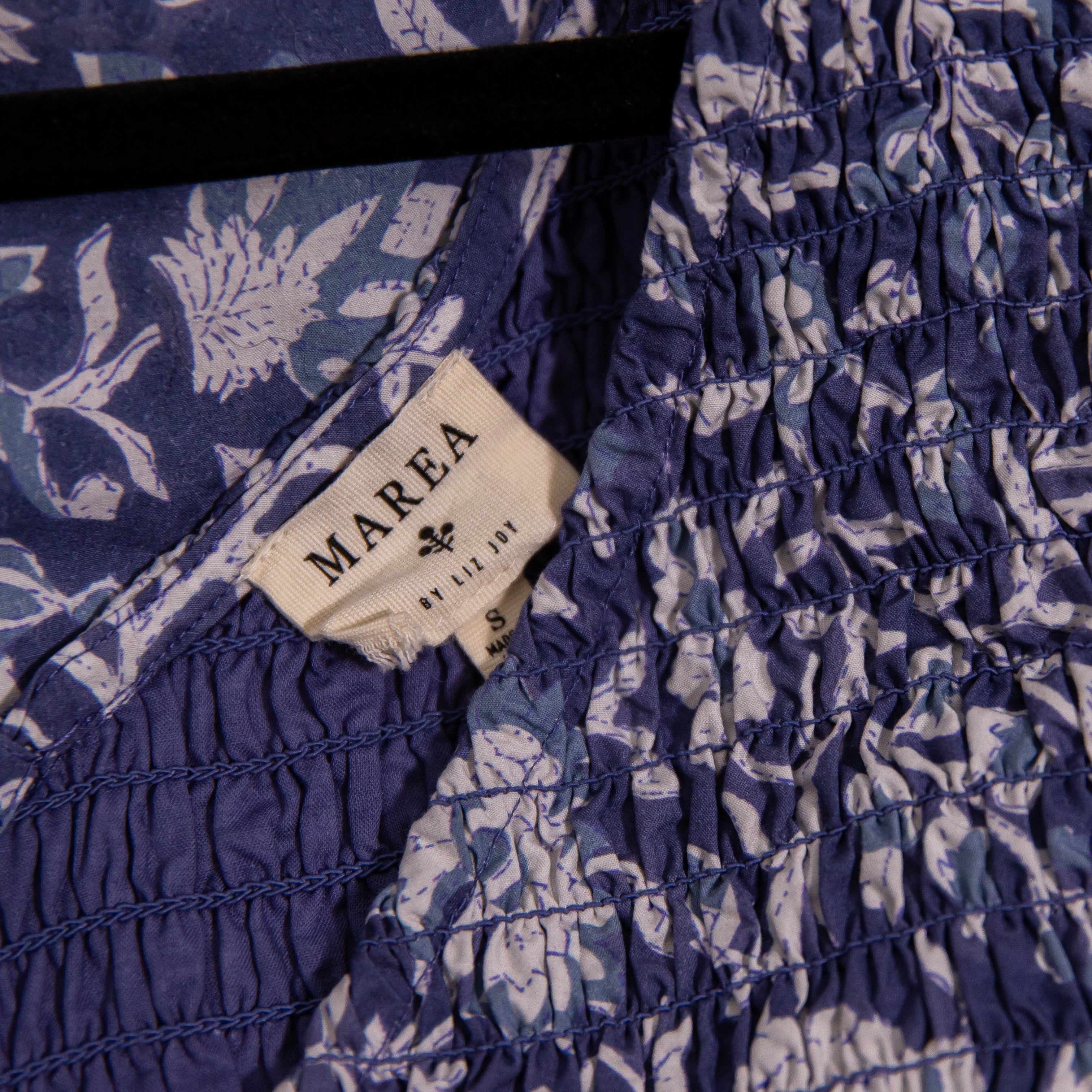 Marea Cora Cotton Poplin Smocked V Neck Midi Dress Indigo Blossom Floral Print S