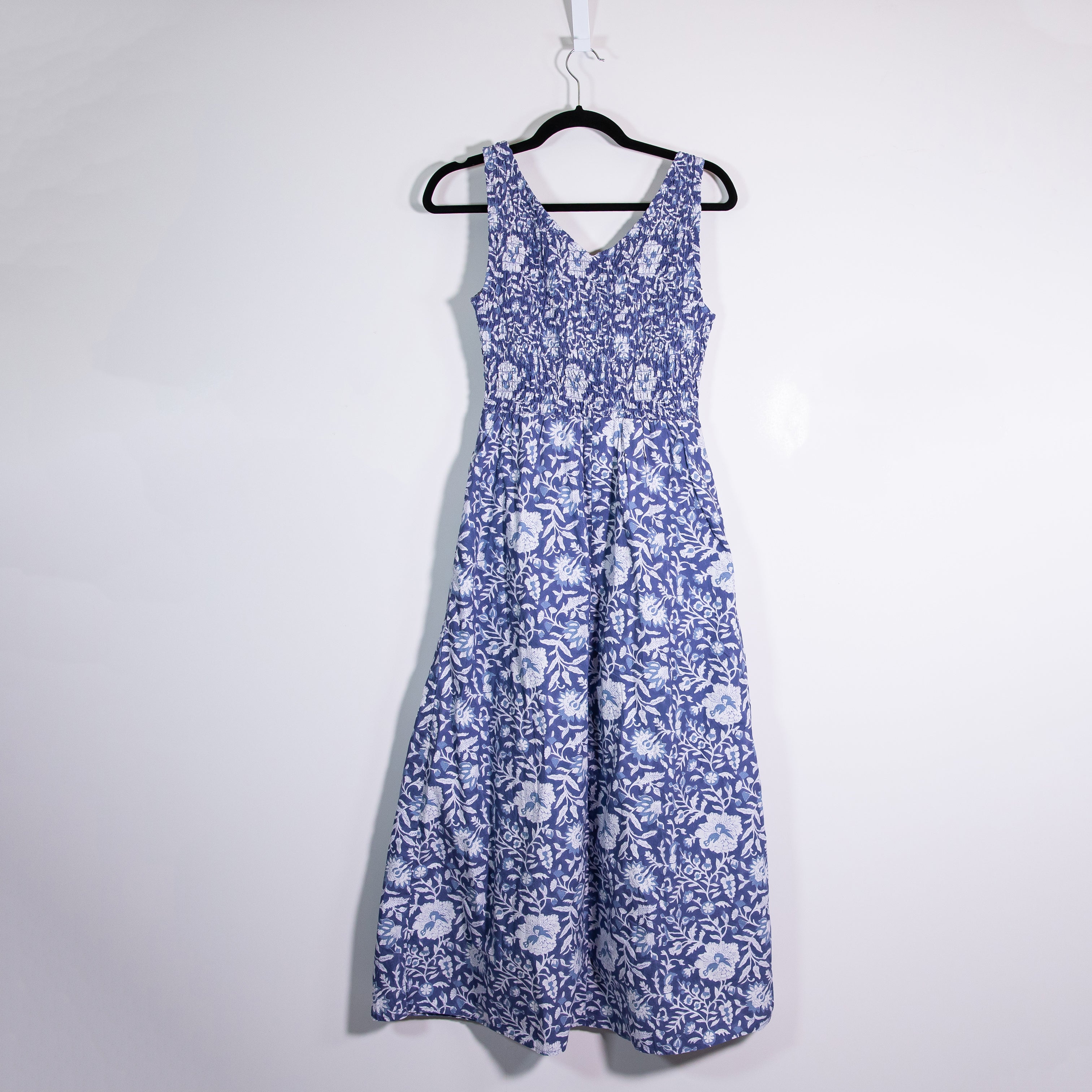 Marea Cora Cotton Poplin Smocked V Neck Midi Dress Indigo Blossom Floral Print S