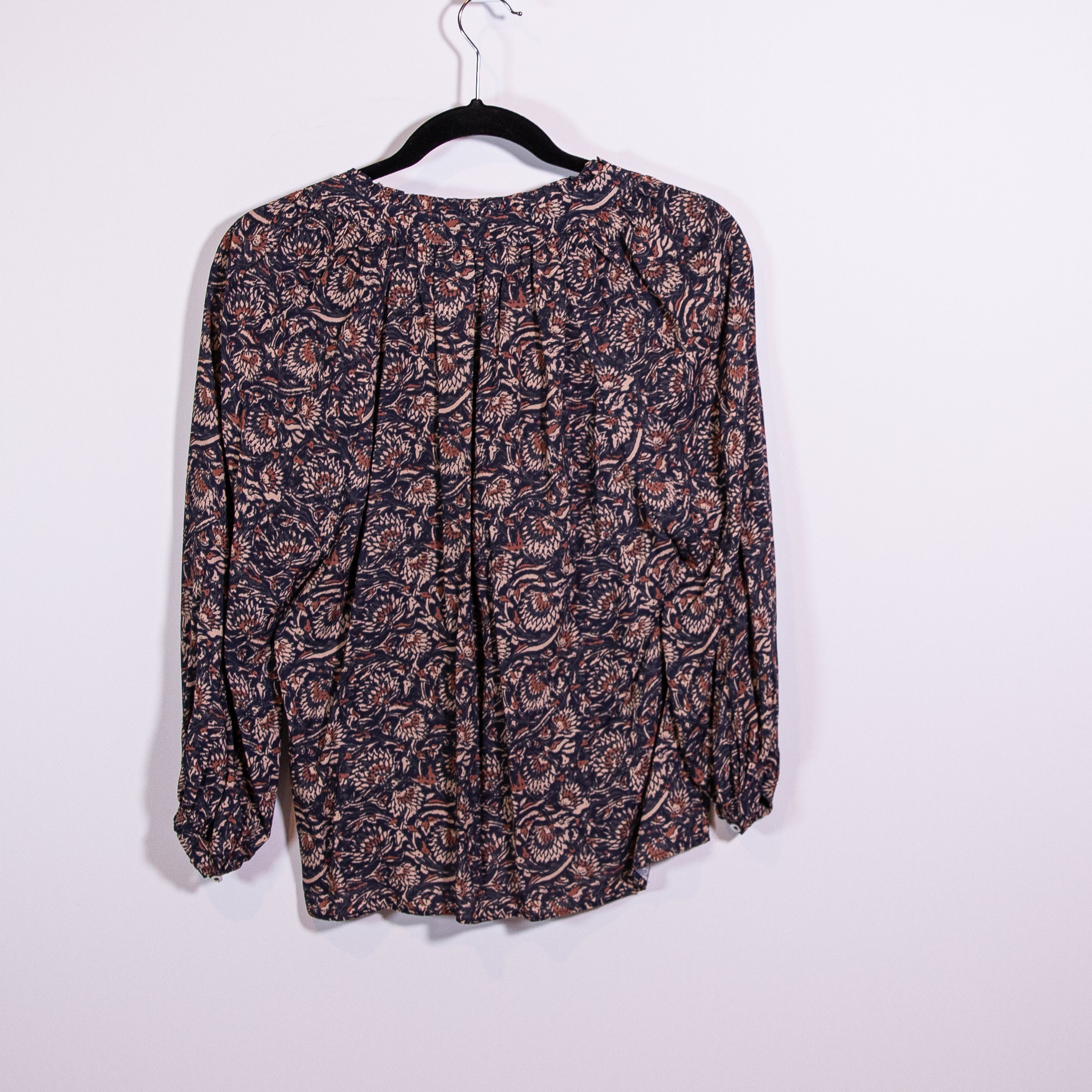 Faherty Portia Quarter Sleeve V Neck Artisan Block Print Pattern Blouse Shirt S