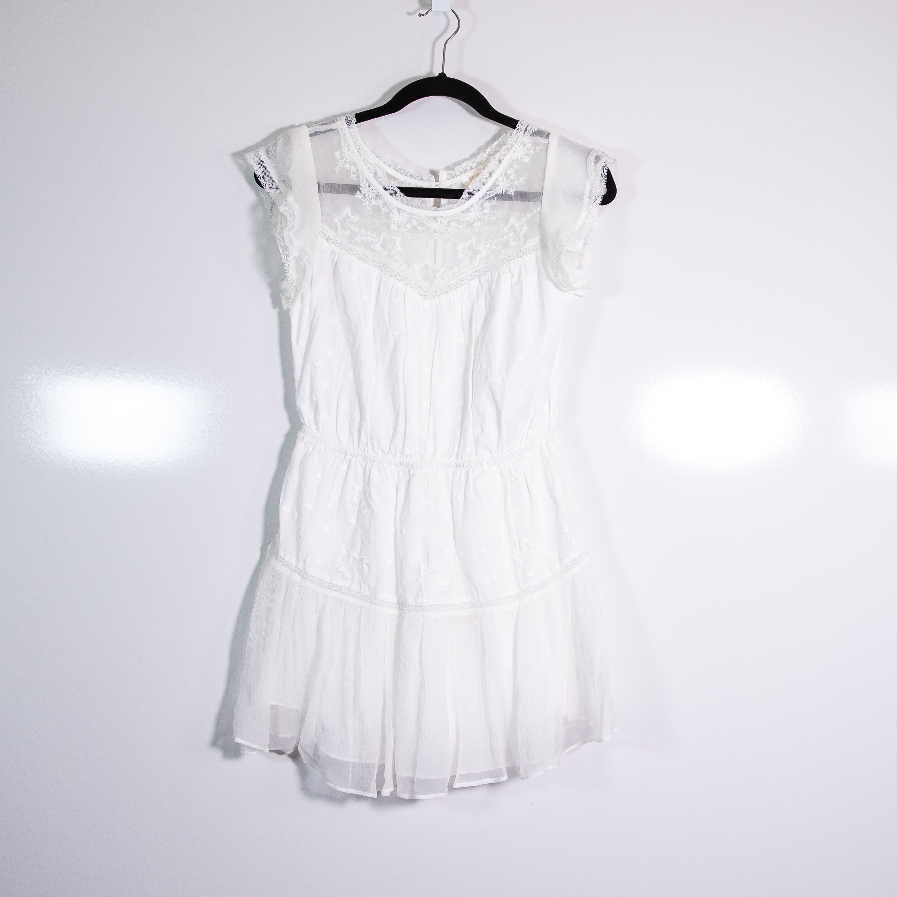 LoveShackFancy Barnes Cotton Sheer Mesh Panel Lace Short Sleeve Mini Dress White