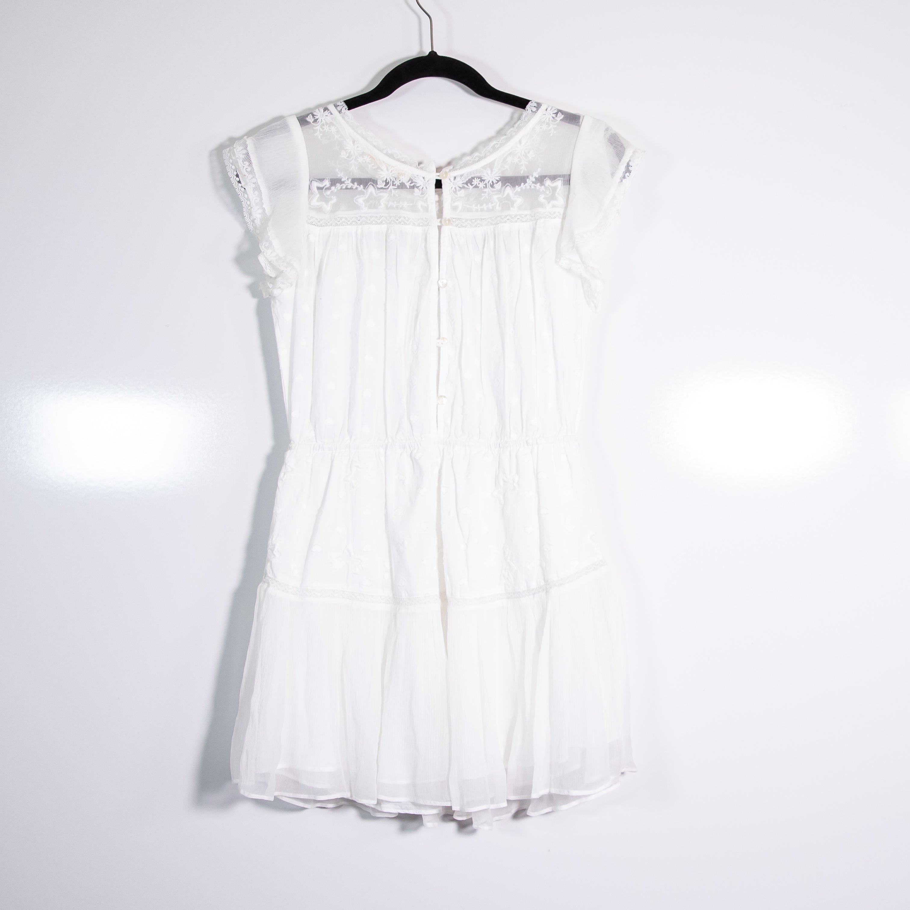 LoveShackFancy Barnes Cotton Sheer Mesh Panel Lace Short Sleeve Mini Dress White