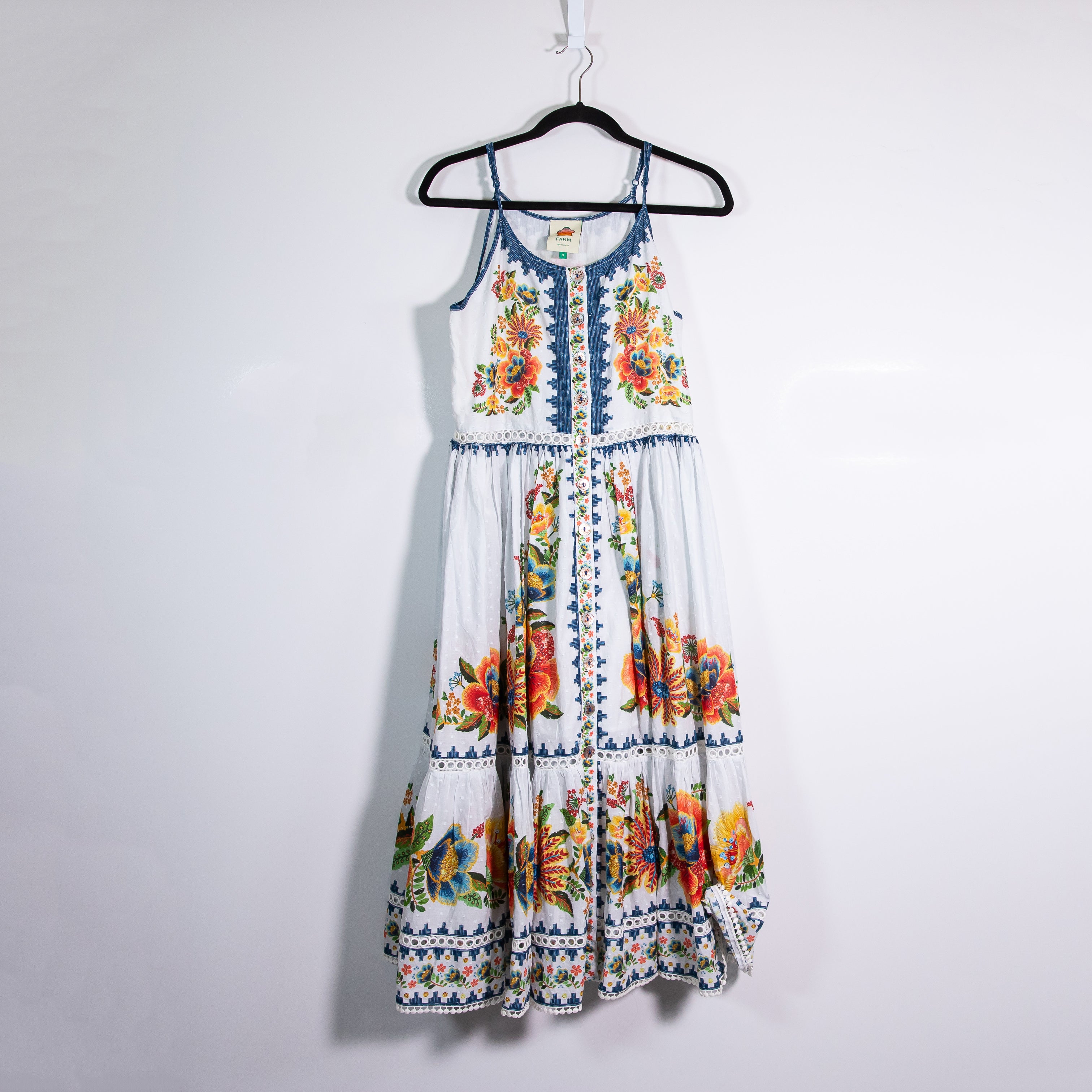 Farm Rio Off White Delicate Garden Floral Flower Button Front Midi Dress Small