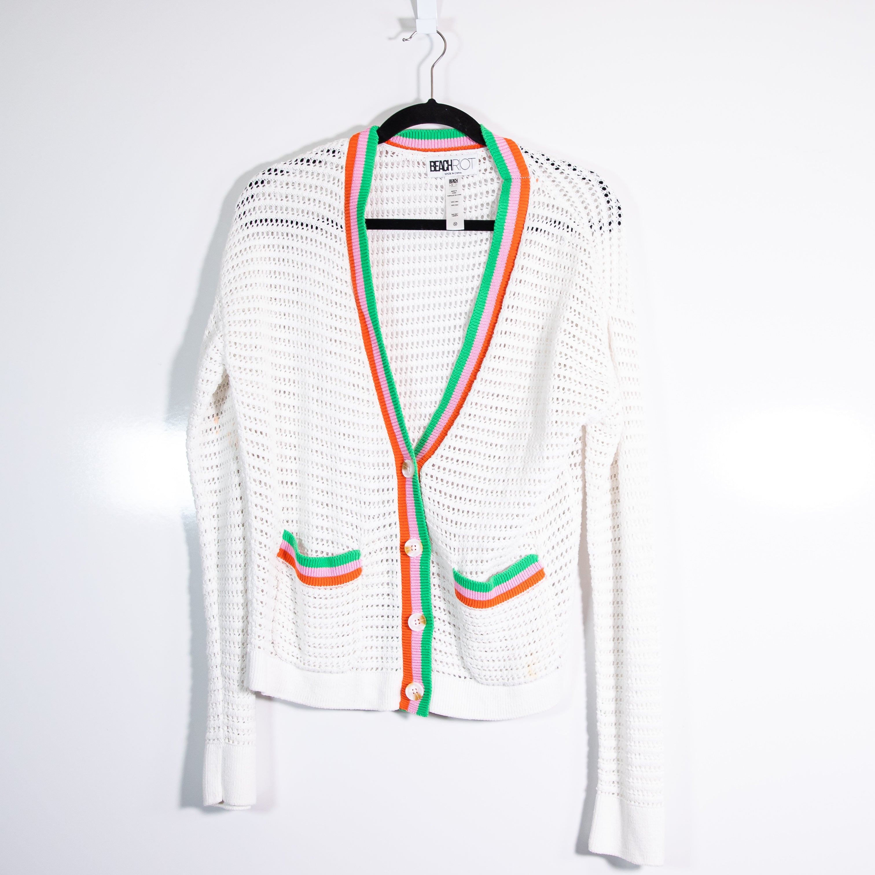 Beach Riot Gene Cotton Crochet Knit Button Front Cardigan Sweater White Multi M