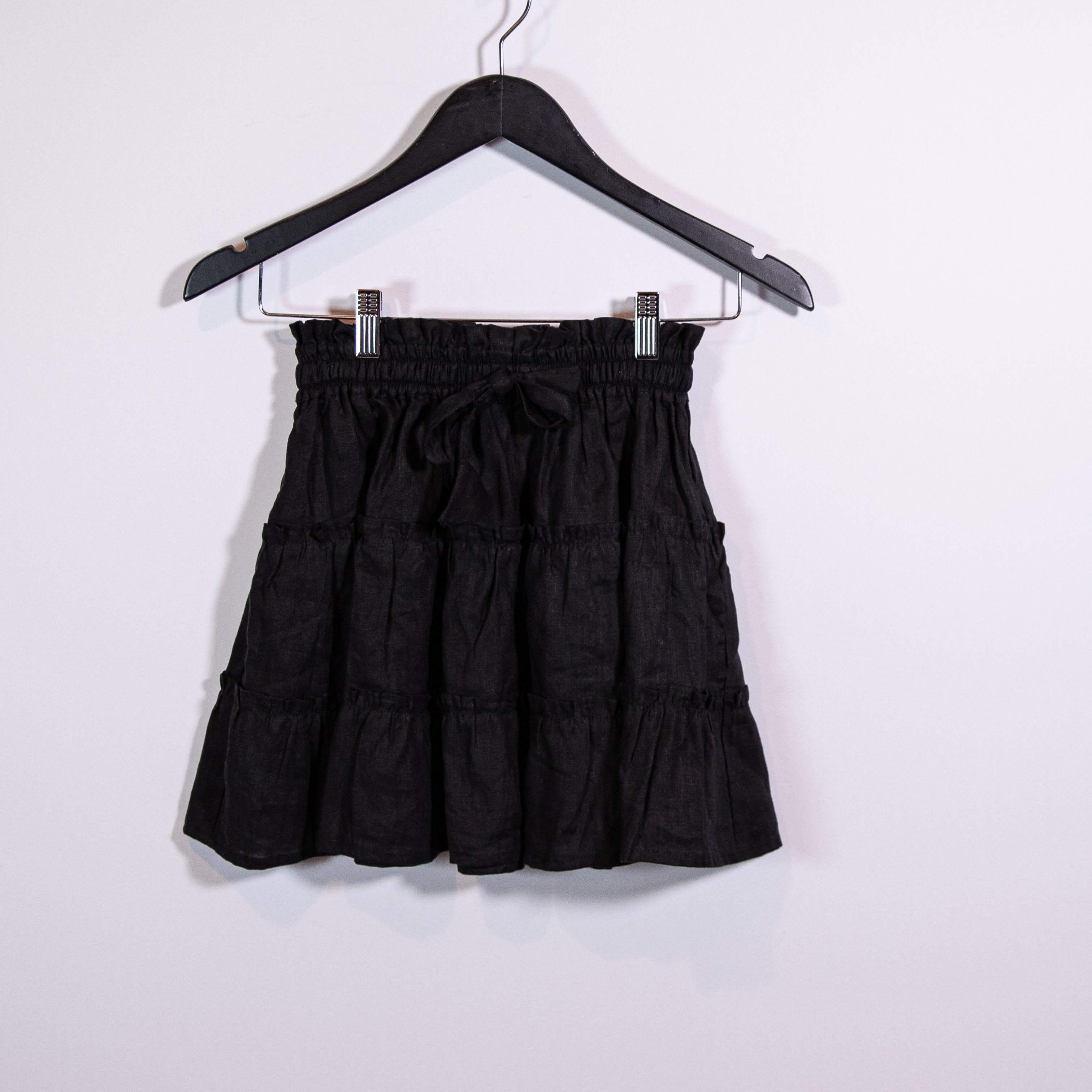 CJ Laing Linen Lightweight Ruffle Tiered Pull On Stretch Waist Mini Skirt Black