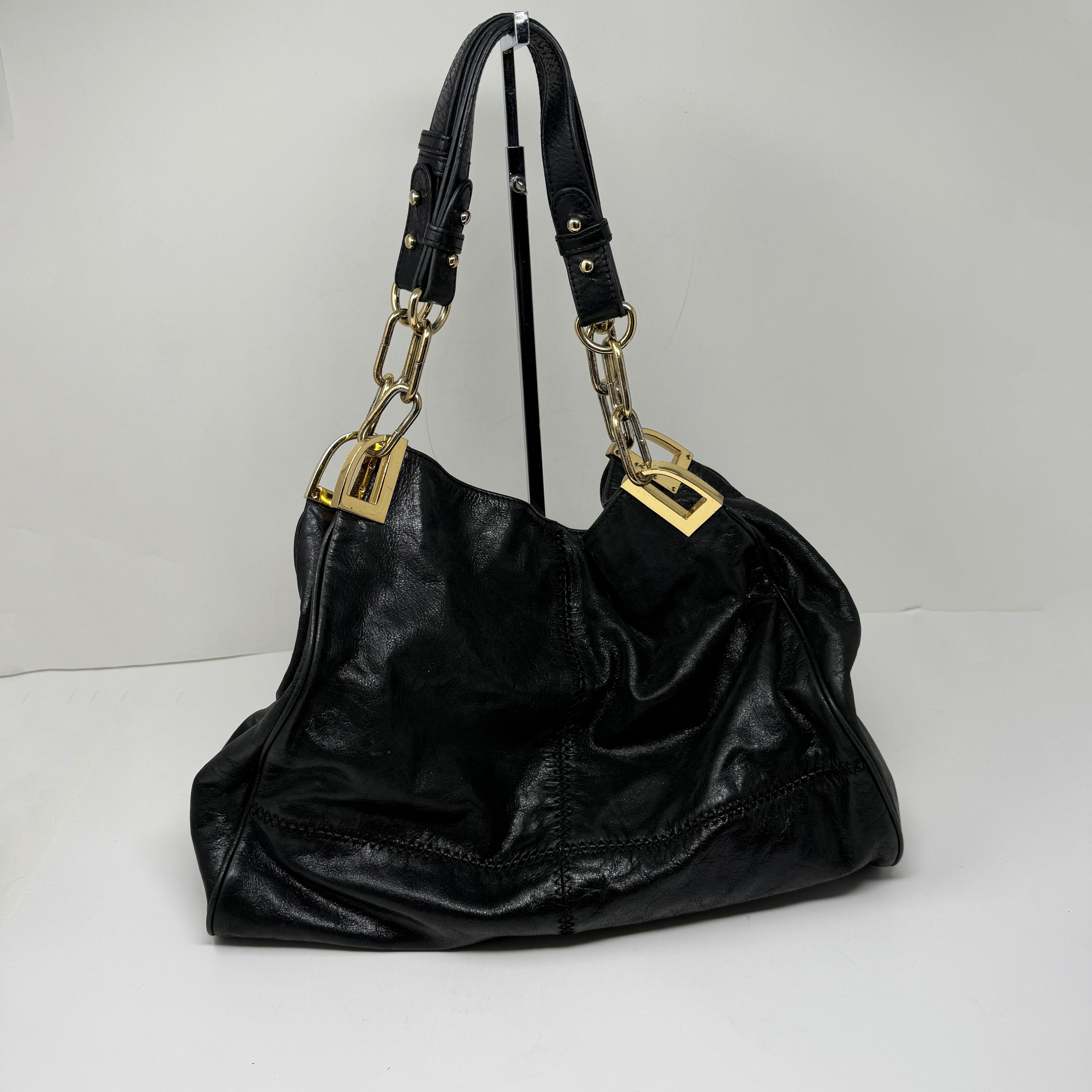 Badgley Mischka Gaia Genuine Leather Gold Chain Link Shoulder Purse Bag Black