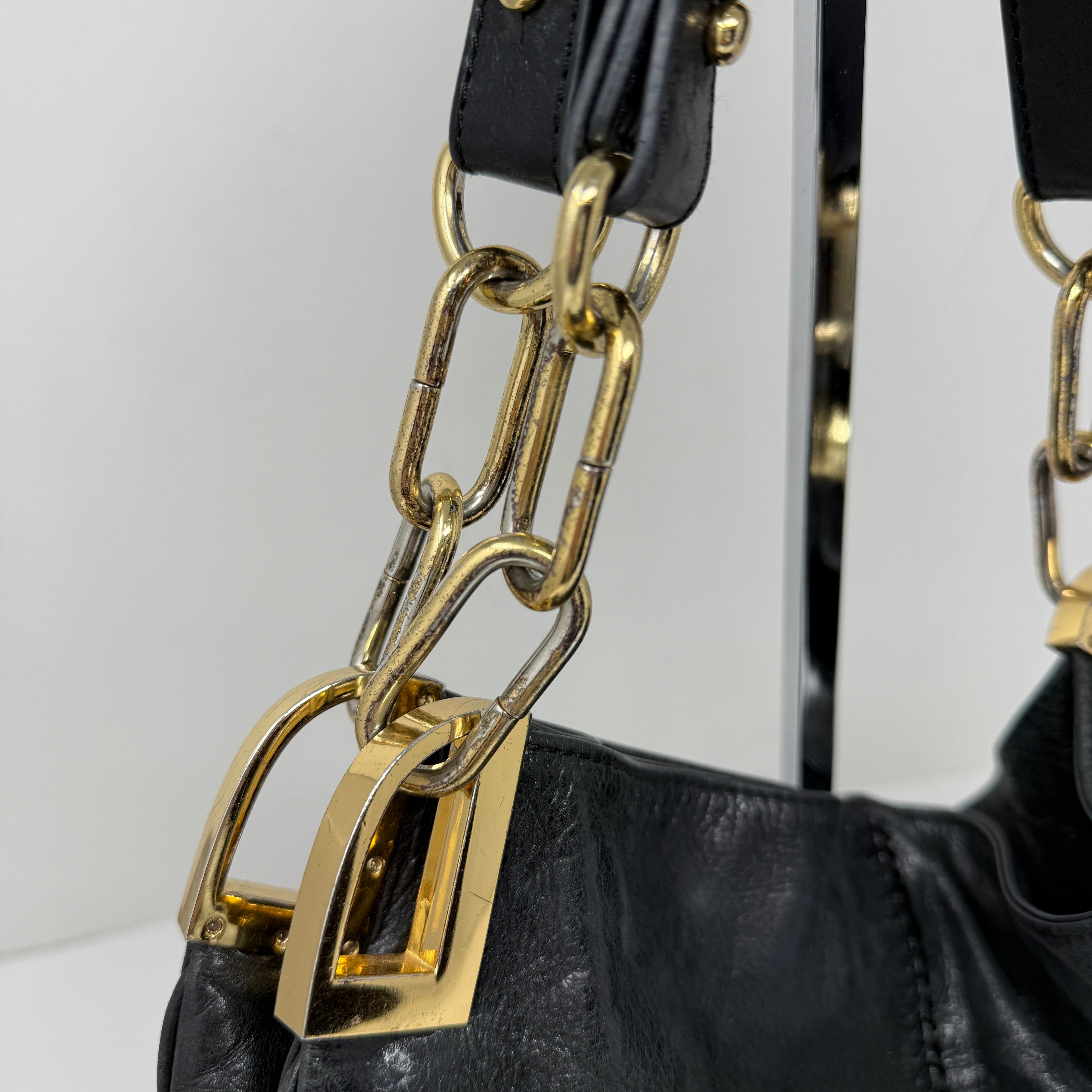Badgley Mischka Gaia Genuine Leather Gold Chain Link Shoulder Purse Bag Black