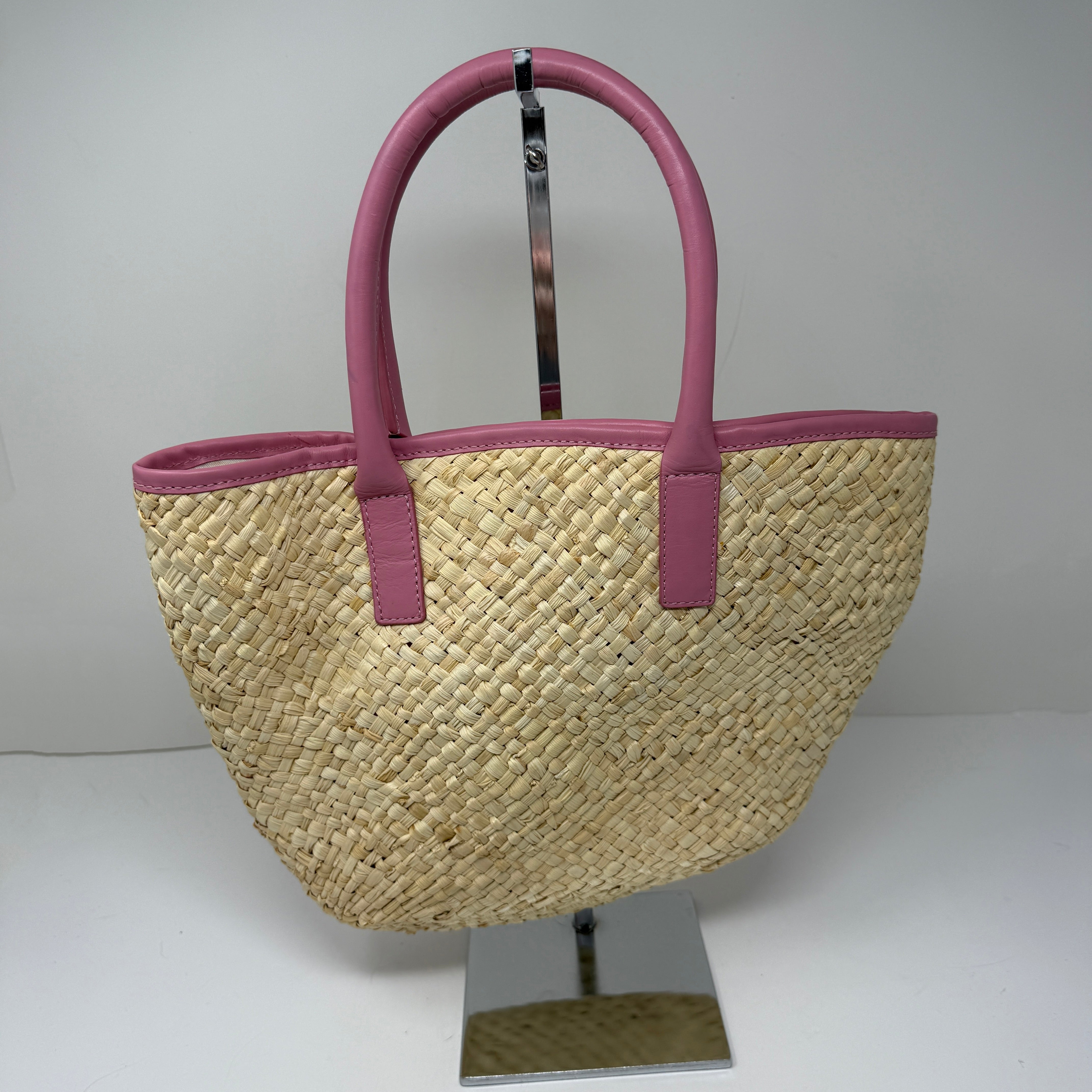 J. Crew Woven Straw Raffia Genuine Leather Trim Beach Pool Bag Tote Purse Pink