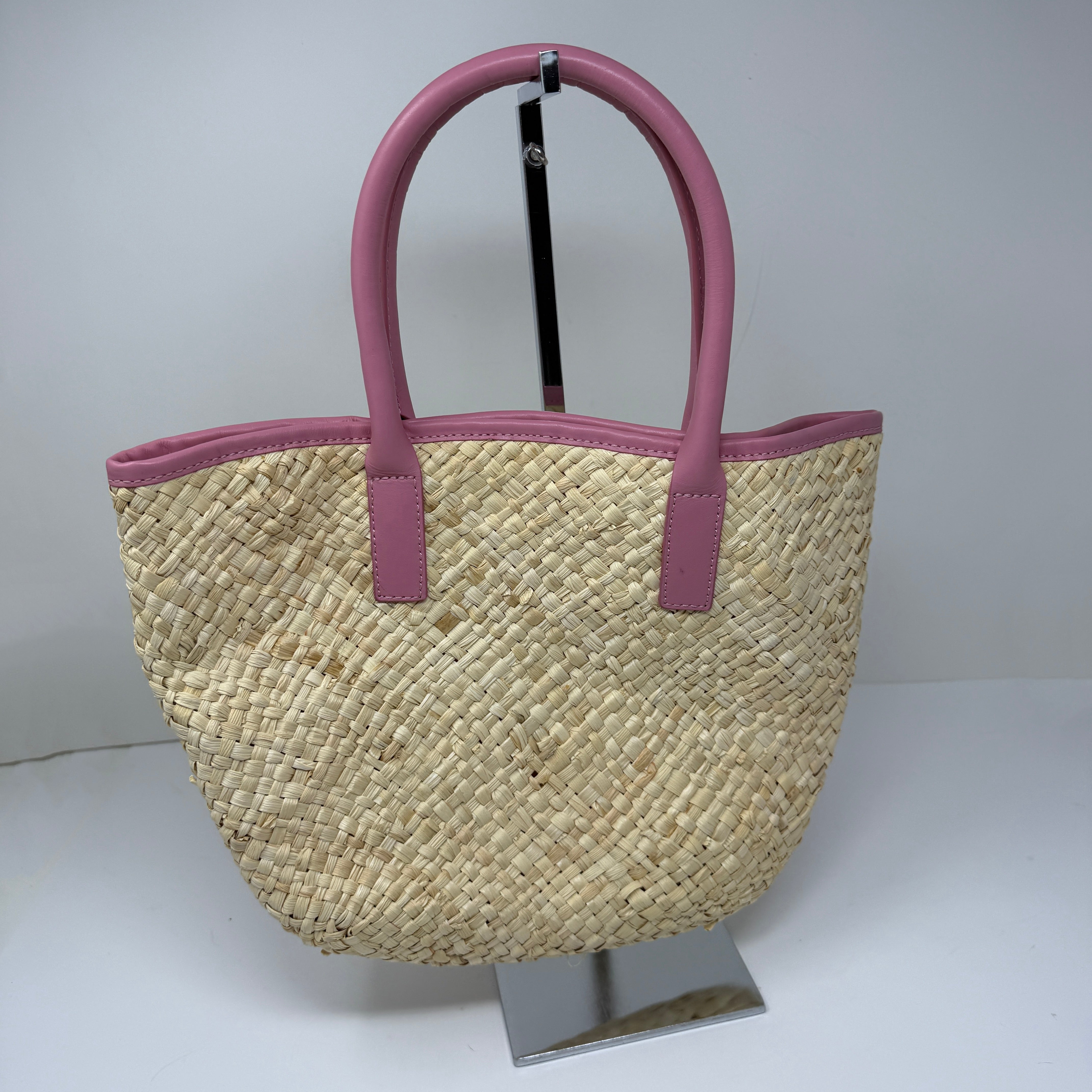 J. Crew Woven Straw Raffia Genuine Leather Trim Beach Pool Bag Tote Purse Pink