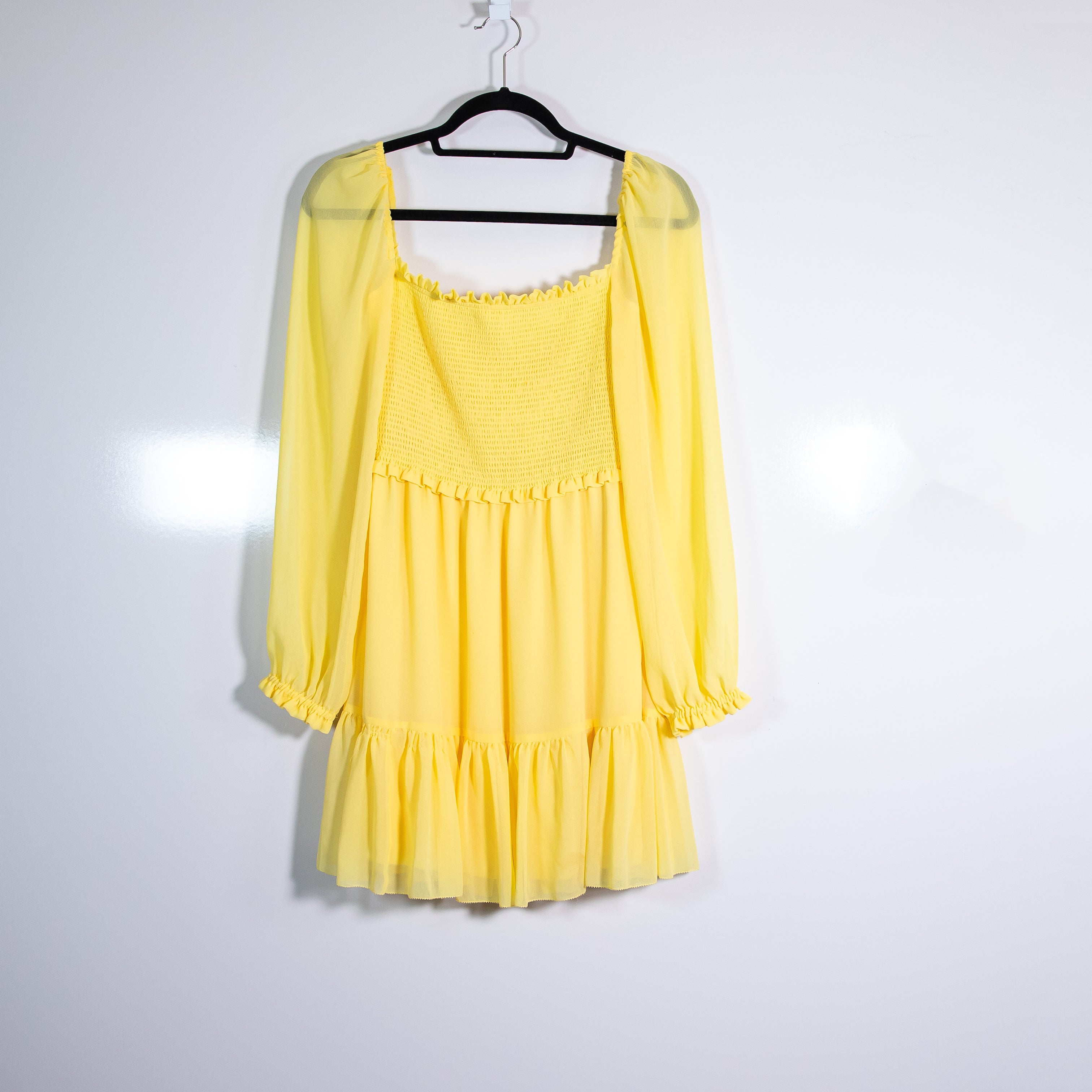 Wilfred Aritzia New Tempest Smocked Stretch Bodice Chiffon Mini Dress Yellow S