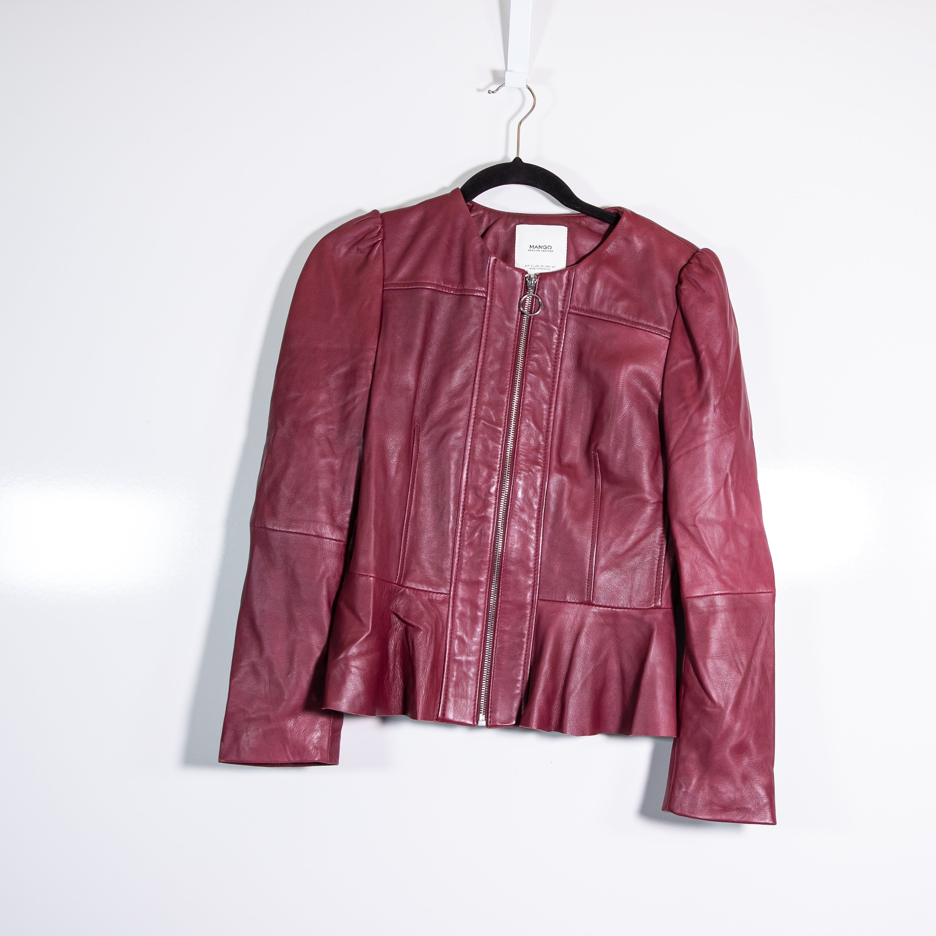 Mango Women's Genuine Leather Full Zip Up Ruffle Peplum Trim Jacket Burgandy XS