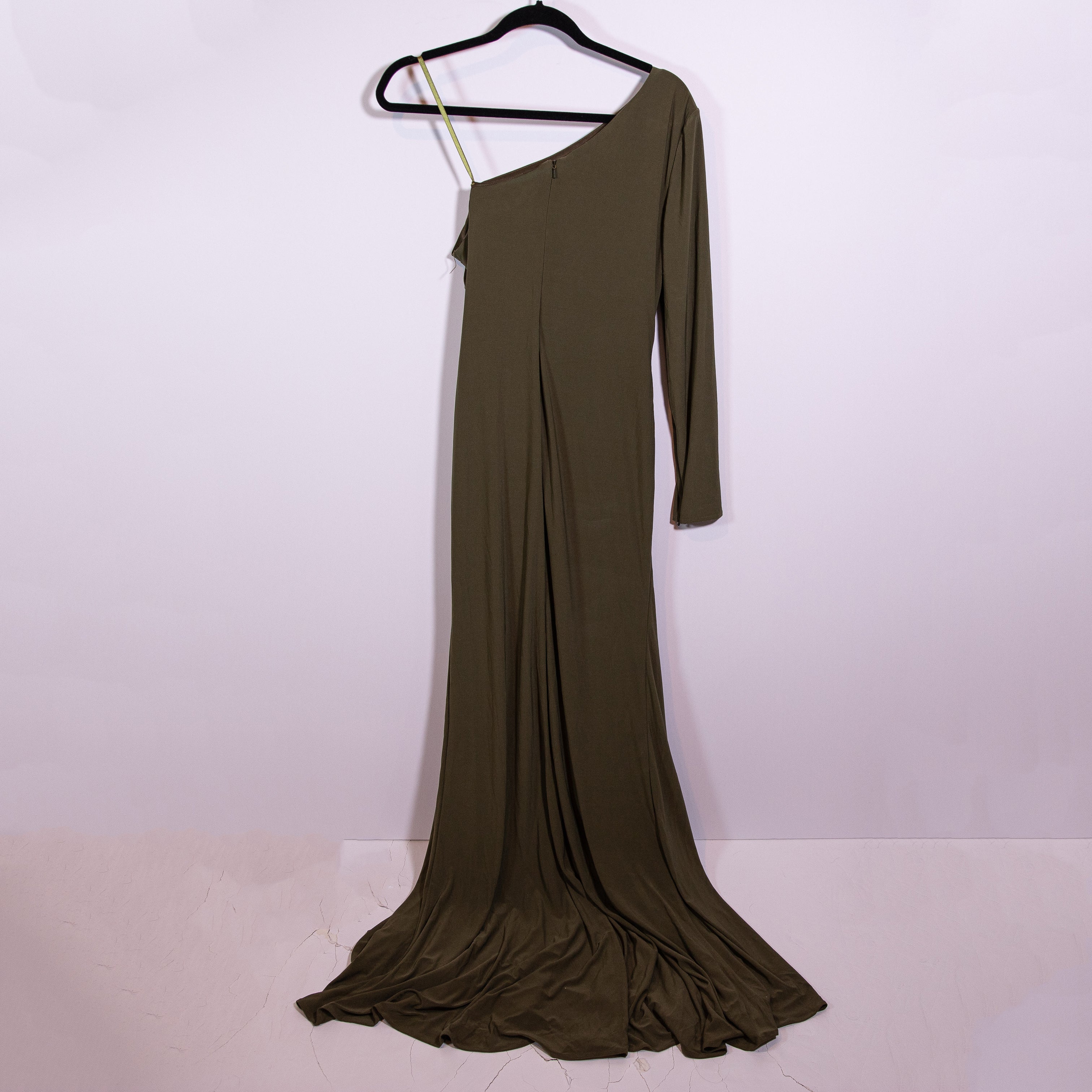 Ieena Mac Duggal Jersey Knit Stretch One Shoulder Ruched Cocktail Dress Olive 6