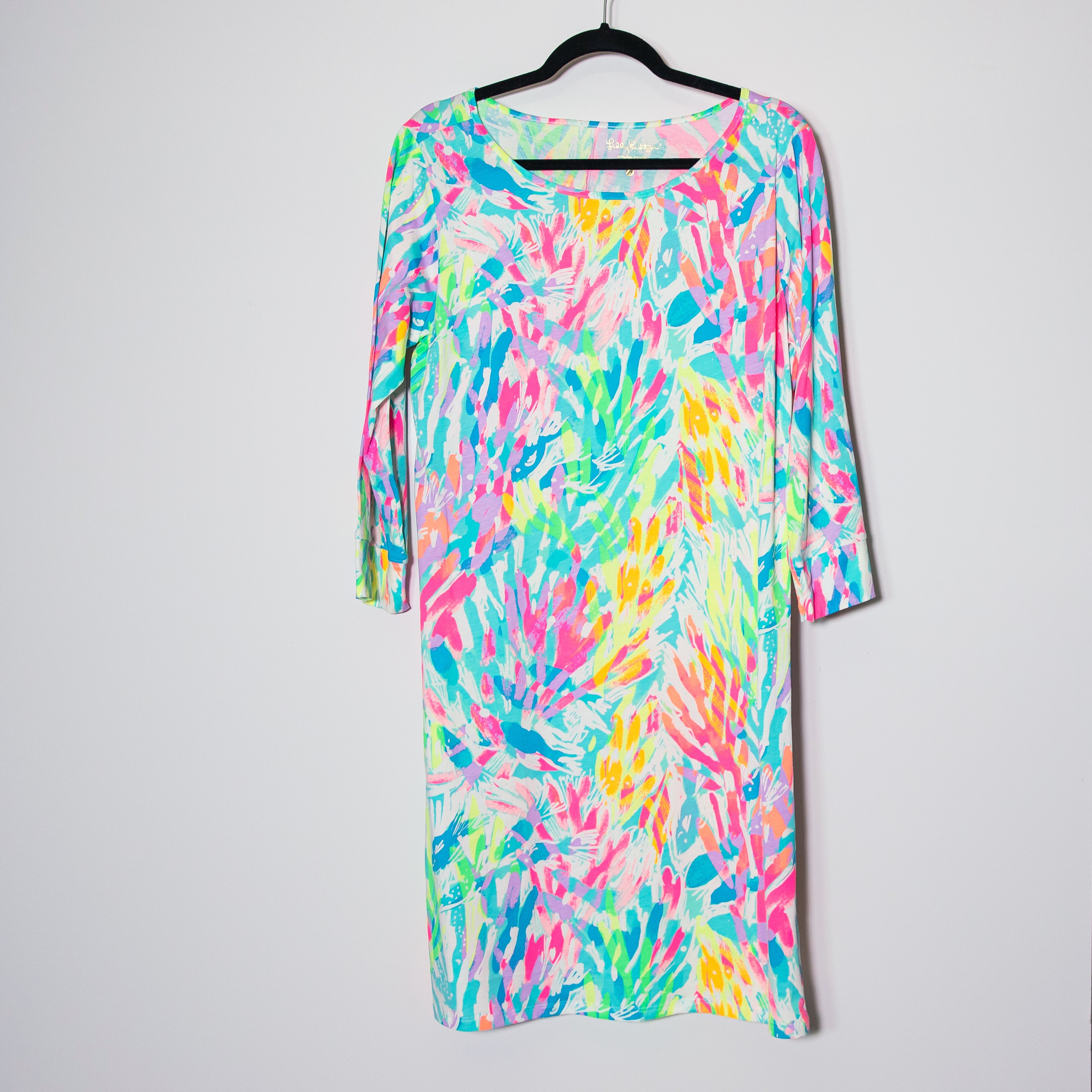 Lilly Pulitzer Marlowe Cotton Quarter Sleeve Pullover Mini Dress Sparkling Sands