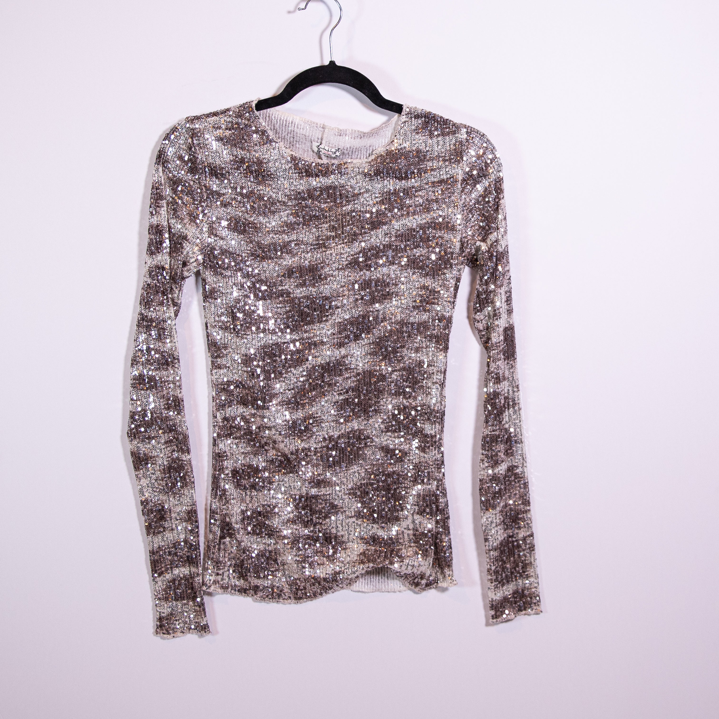 NEW Free People Intimately Printed Gold Rush Sequin Alabaster Long Sleeve Top XS