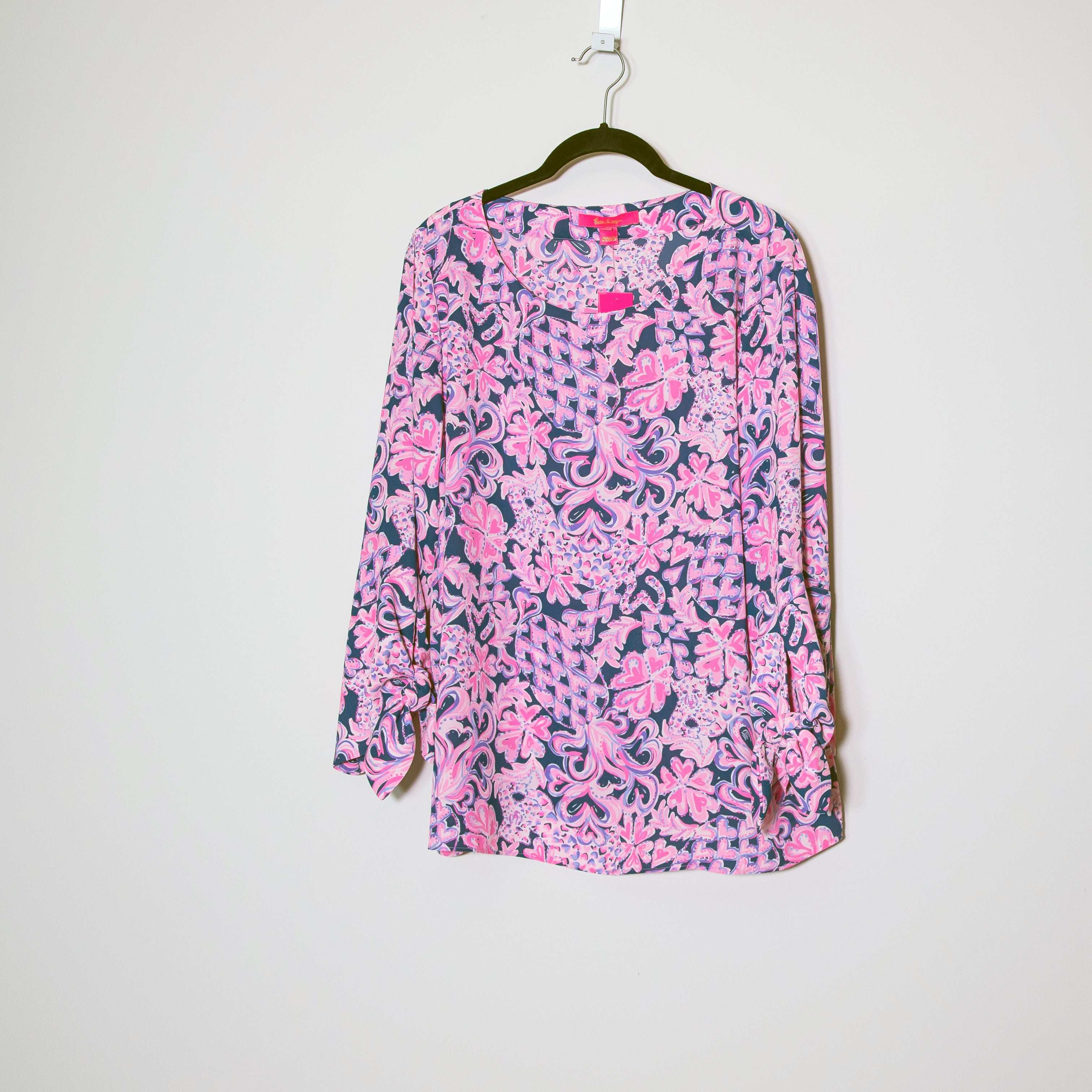 NEW Lilly Pulitzer Langston Top Chiffon Blouse Love You Bunches Indigo Pink L