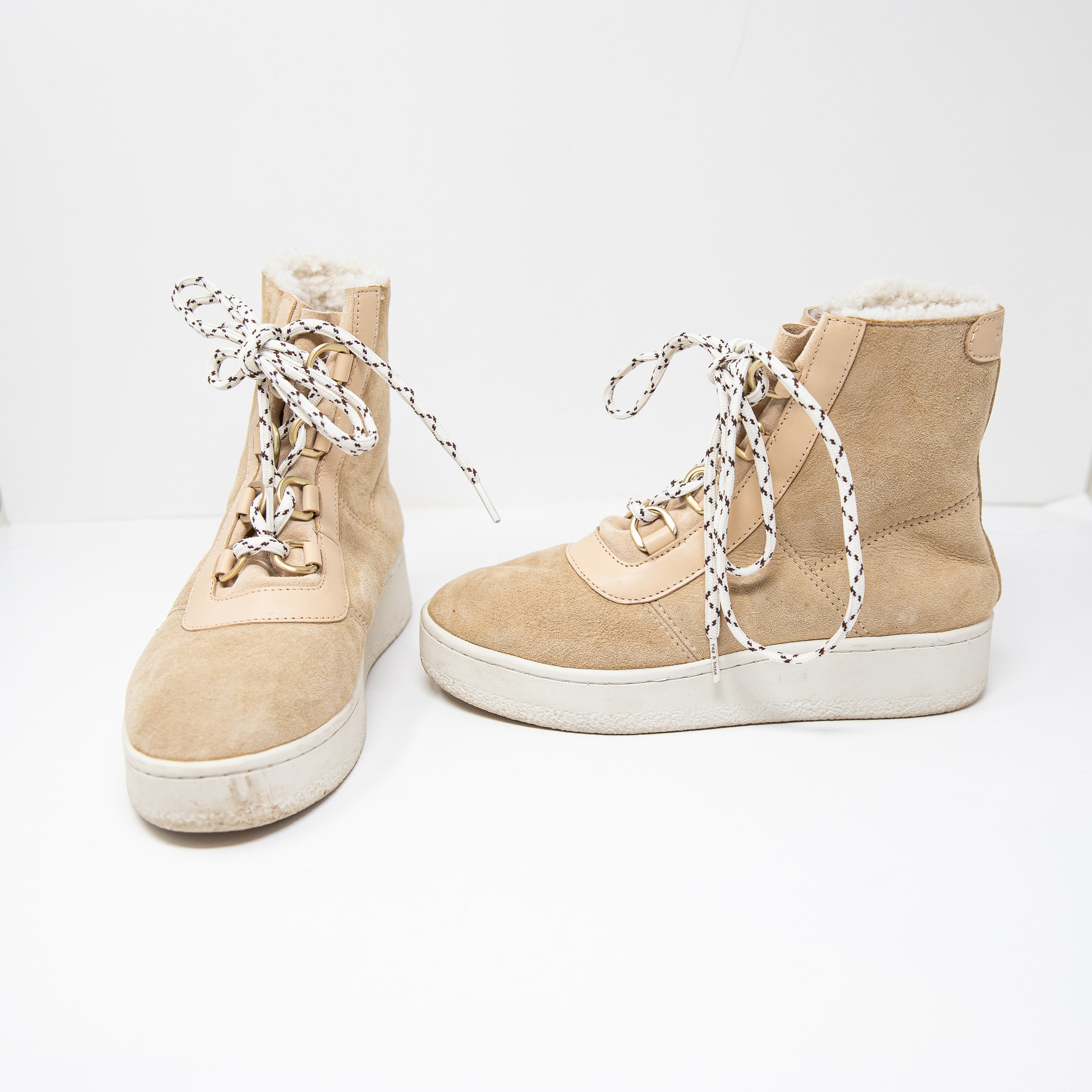 Rag & Bone Oslo Shearling Lined Lace Up Suede Rubber Boots Shoes Beige 8.5