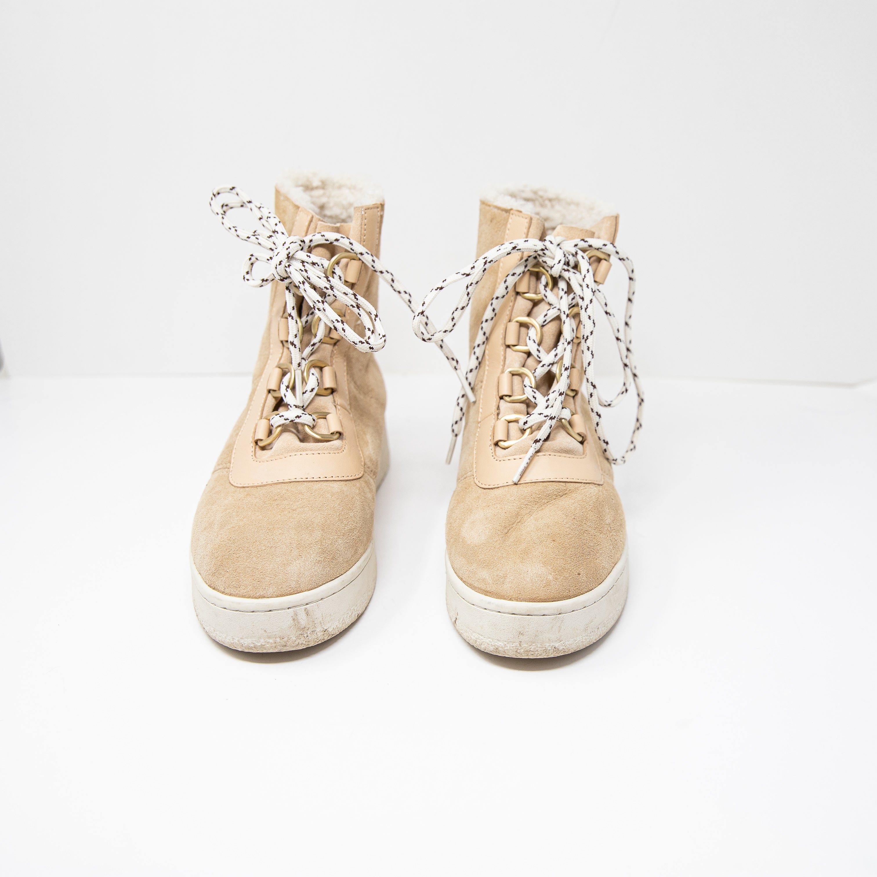 Rag & Bone Oslo Shearling Lined Lace Up Suede Rubber Boots Shoes Beige 8.5