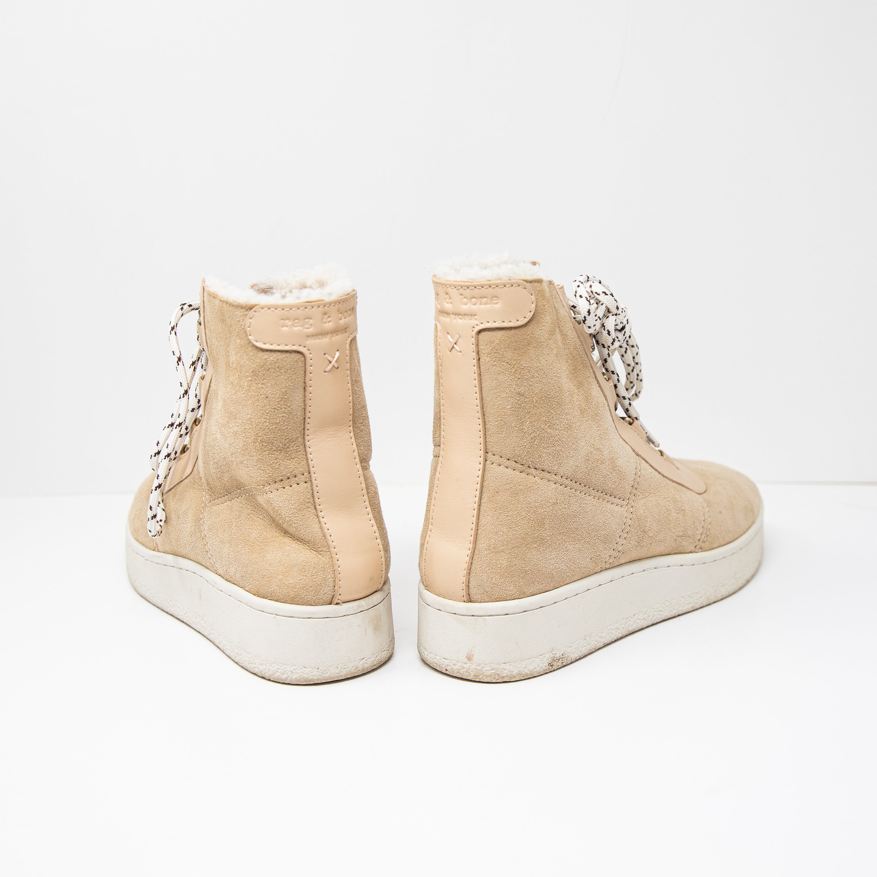 Rag & Bone Oslo Shearling Lined Lace Up Suede Rubber Boots Shoes Beige 8.5