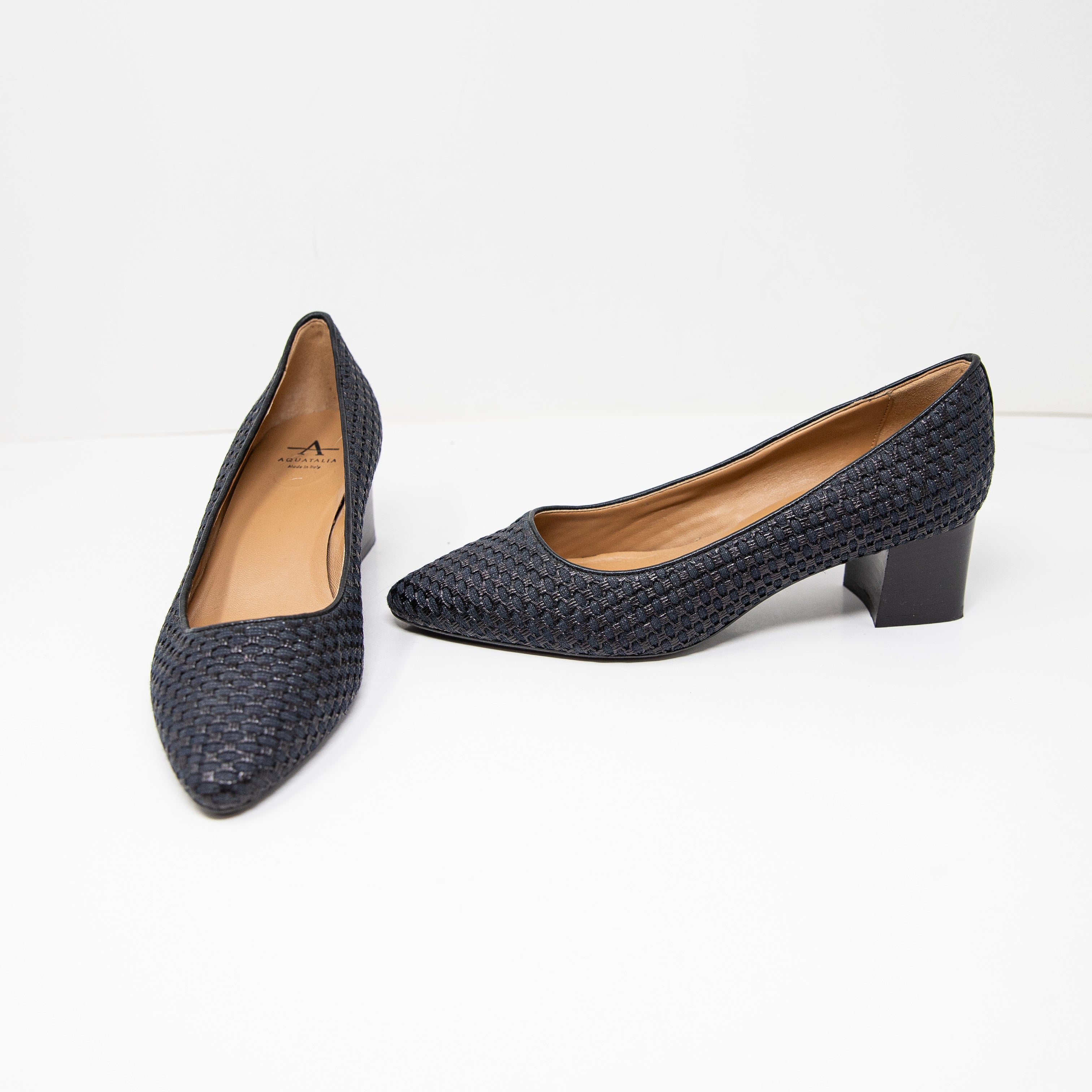 Aquatalia Pasha Made In Italy Woven Fabric Almond Toe Slip On Block High Heels 7