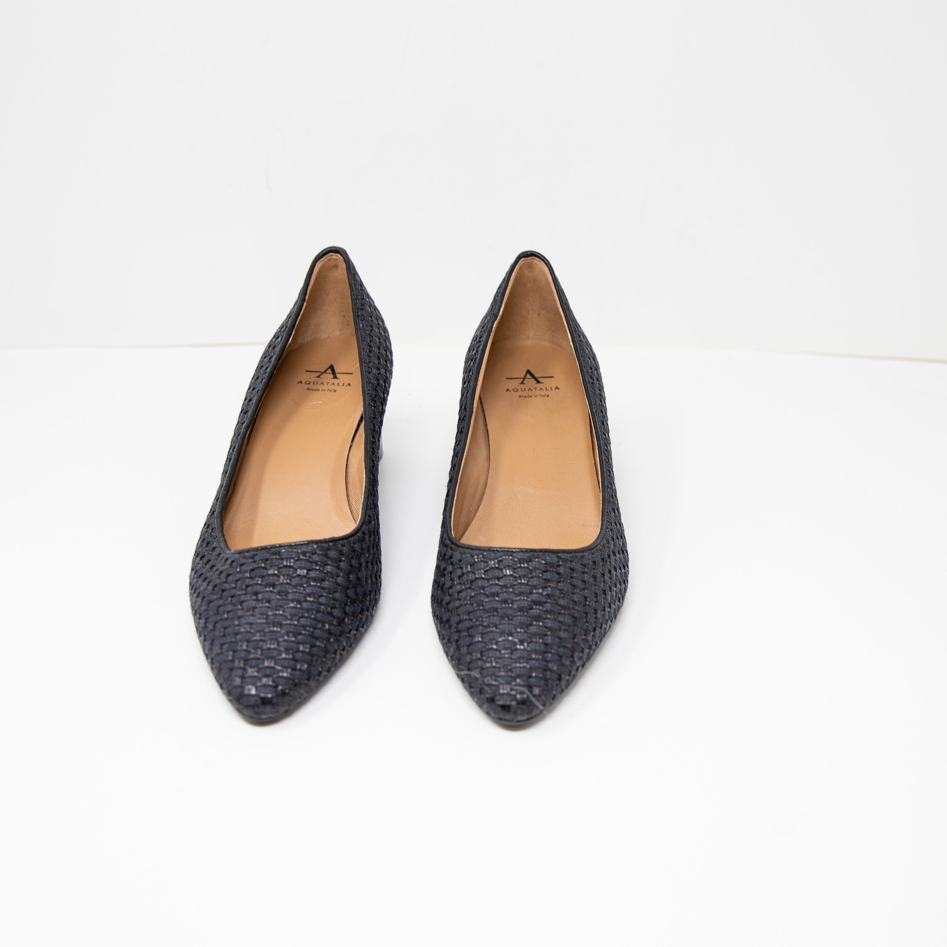 Aquatalia Pasha Made In Italy Woven Fabric Almond Toe Slip On Block High Heels 7