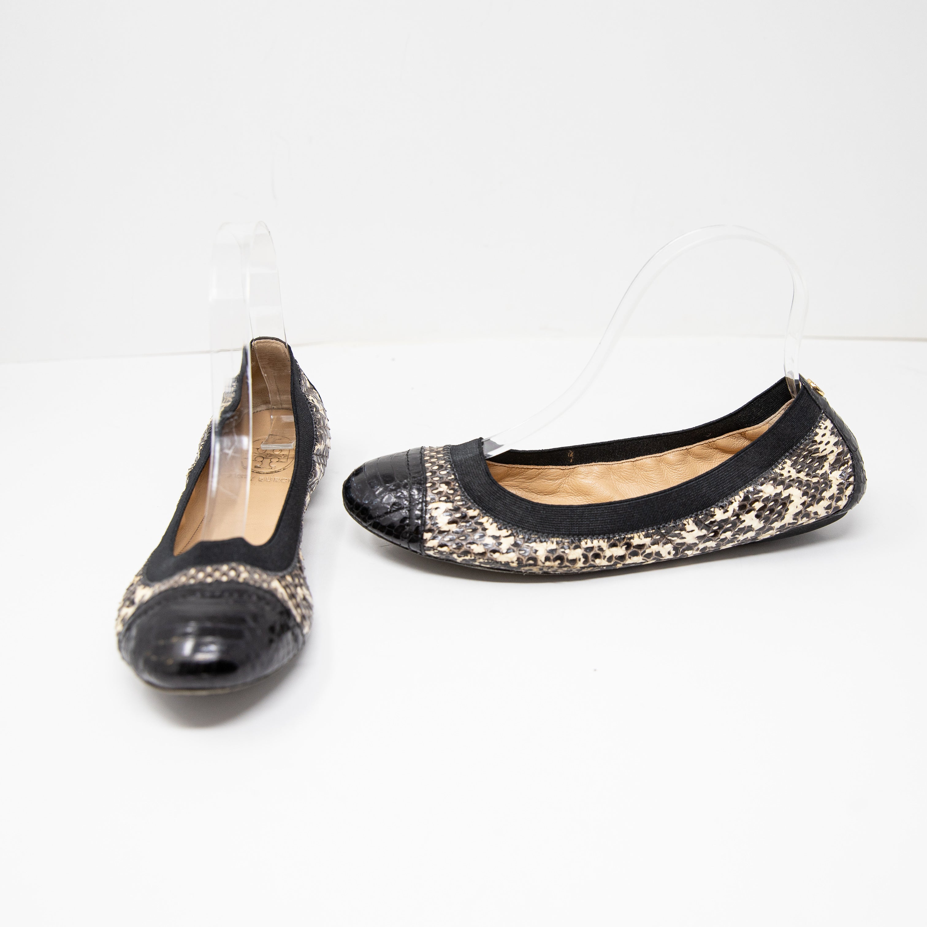 Tory Burch Snake Print Pattern Leather Cap Heel Slip On Ballet Flats Shoes Black