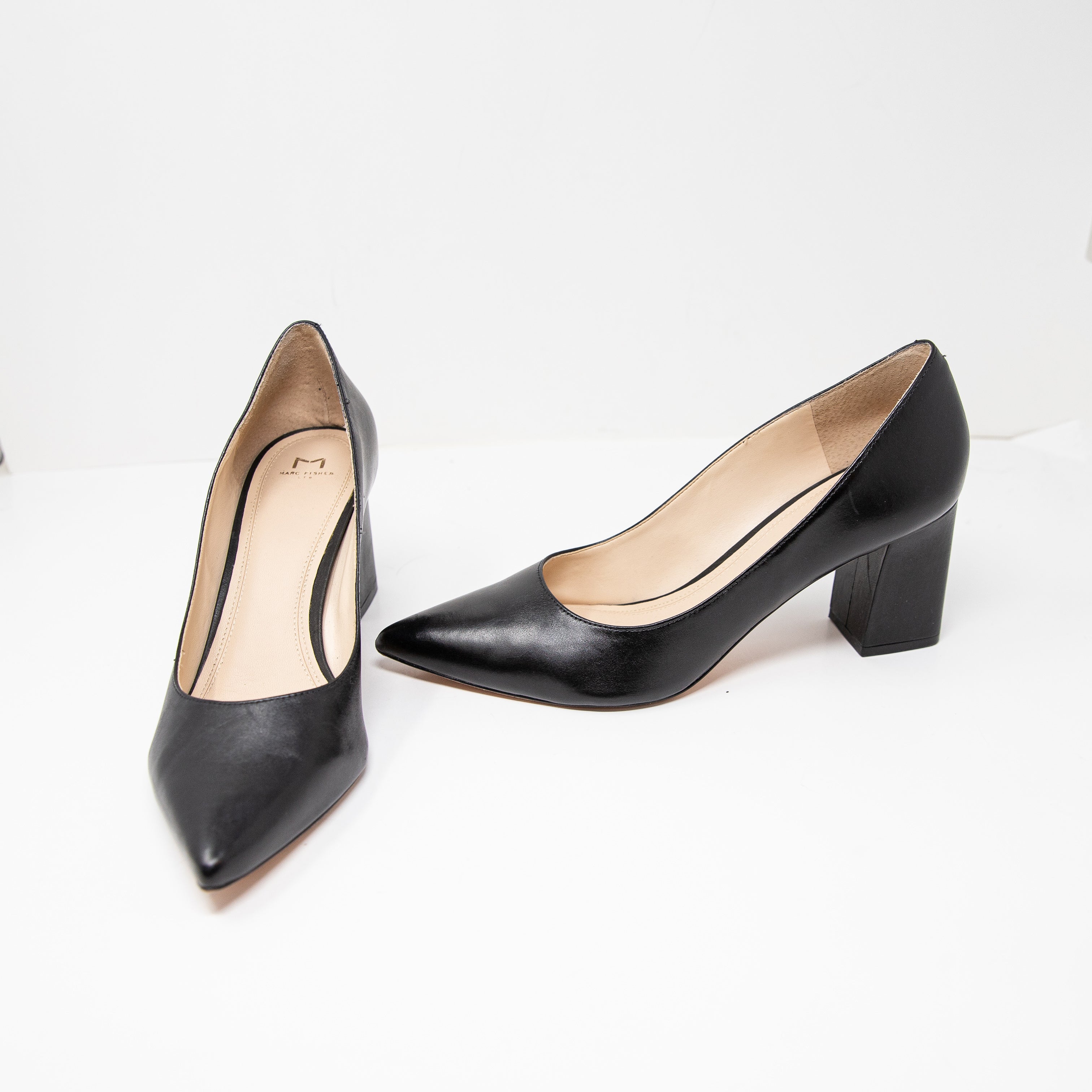 Marc Fisher Zala Women's Leather Almond Toe Block High Heels Shoes Black 10