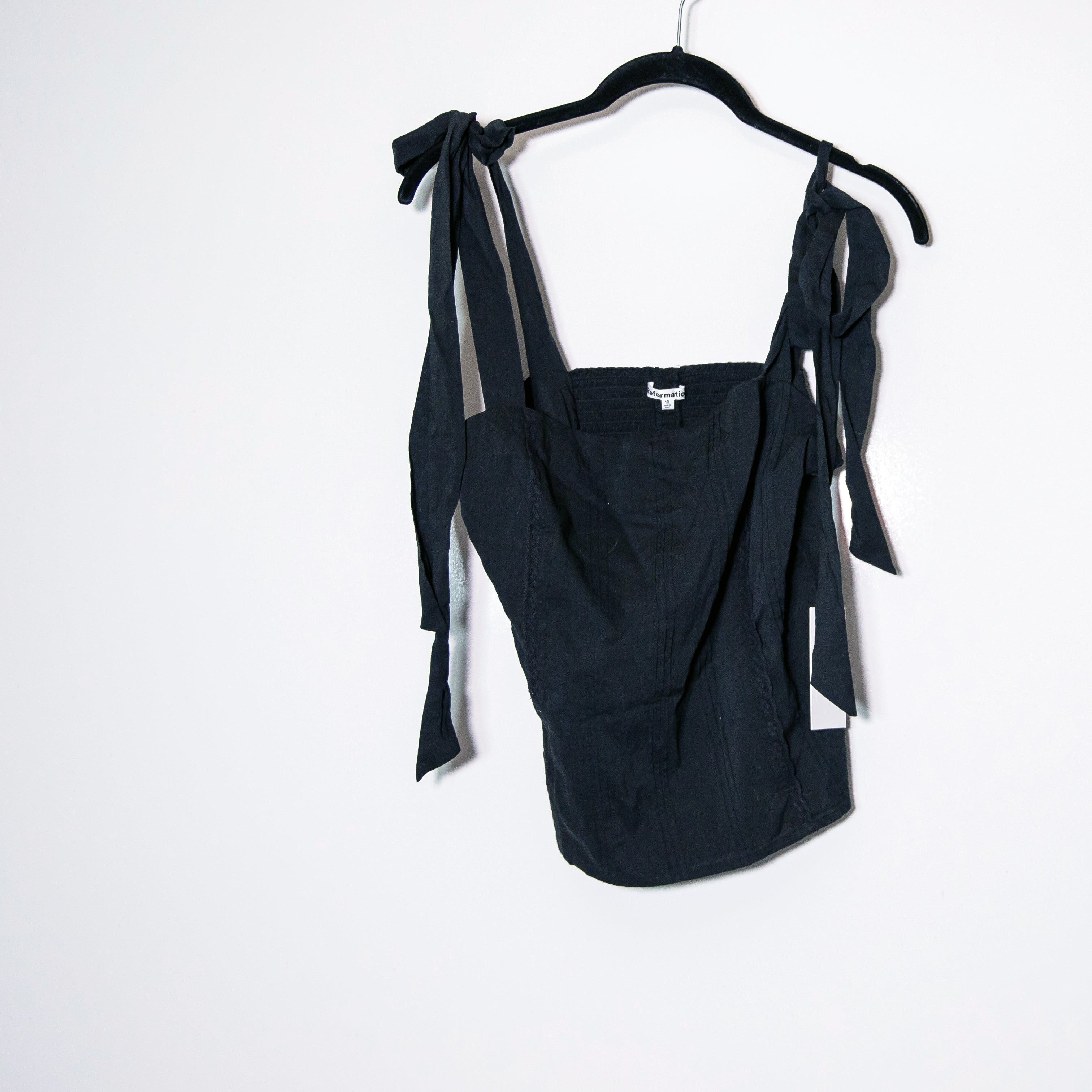 NEW Reformation Adelia Organic Cotton Blend Tie Shoulder Tank Top Black 10