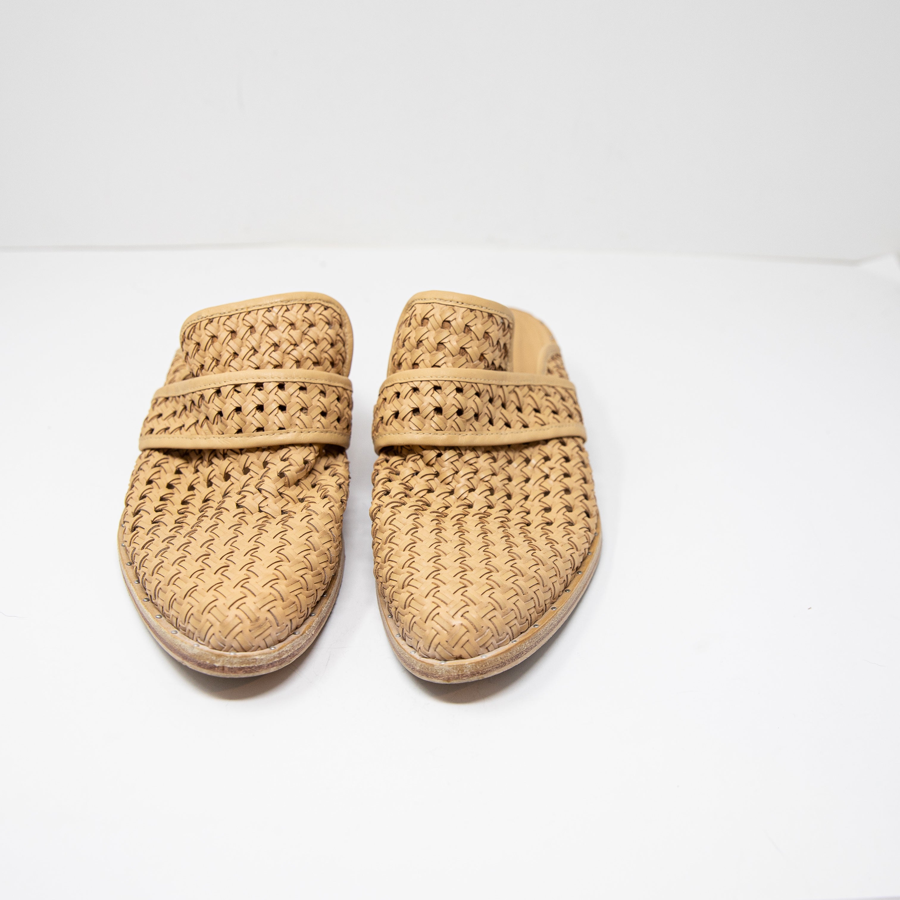 Freda Salvador Keen Genuine Leather Woven Crochet Backless Slip On Mules Flats