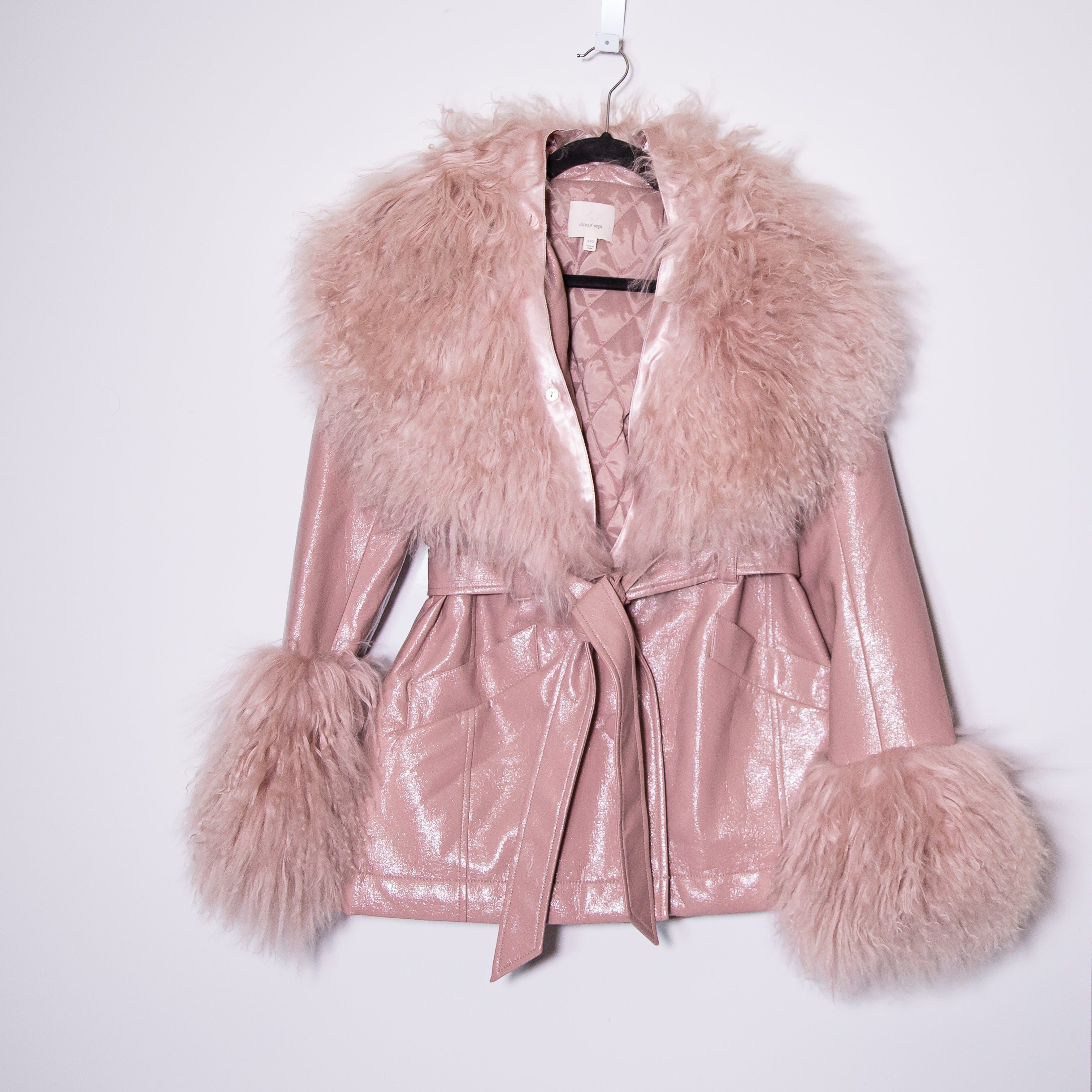 Cinq A Sept Blair Mongolian Lamb Trim Tie Waist Patent Coat Jacket Salt Pink XXS