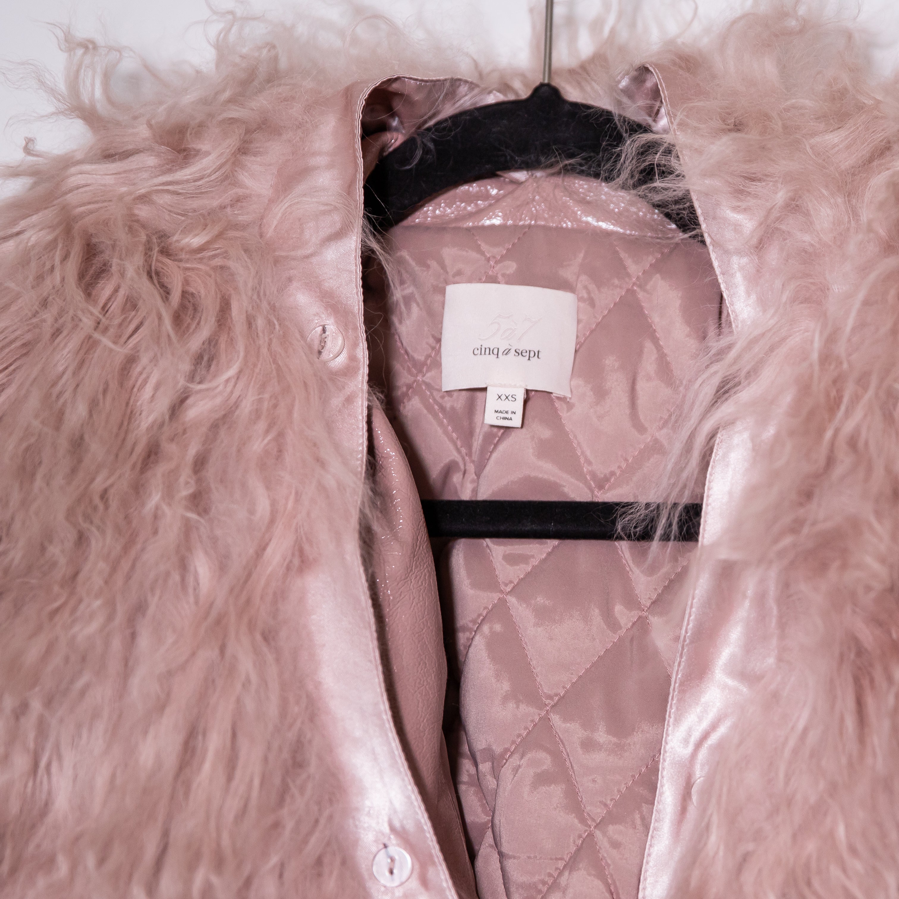 Cinq A Sept Blair Mongolian Lamb Trim Tie Waist Patent Coat Jacket Salt Pink XXS