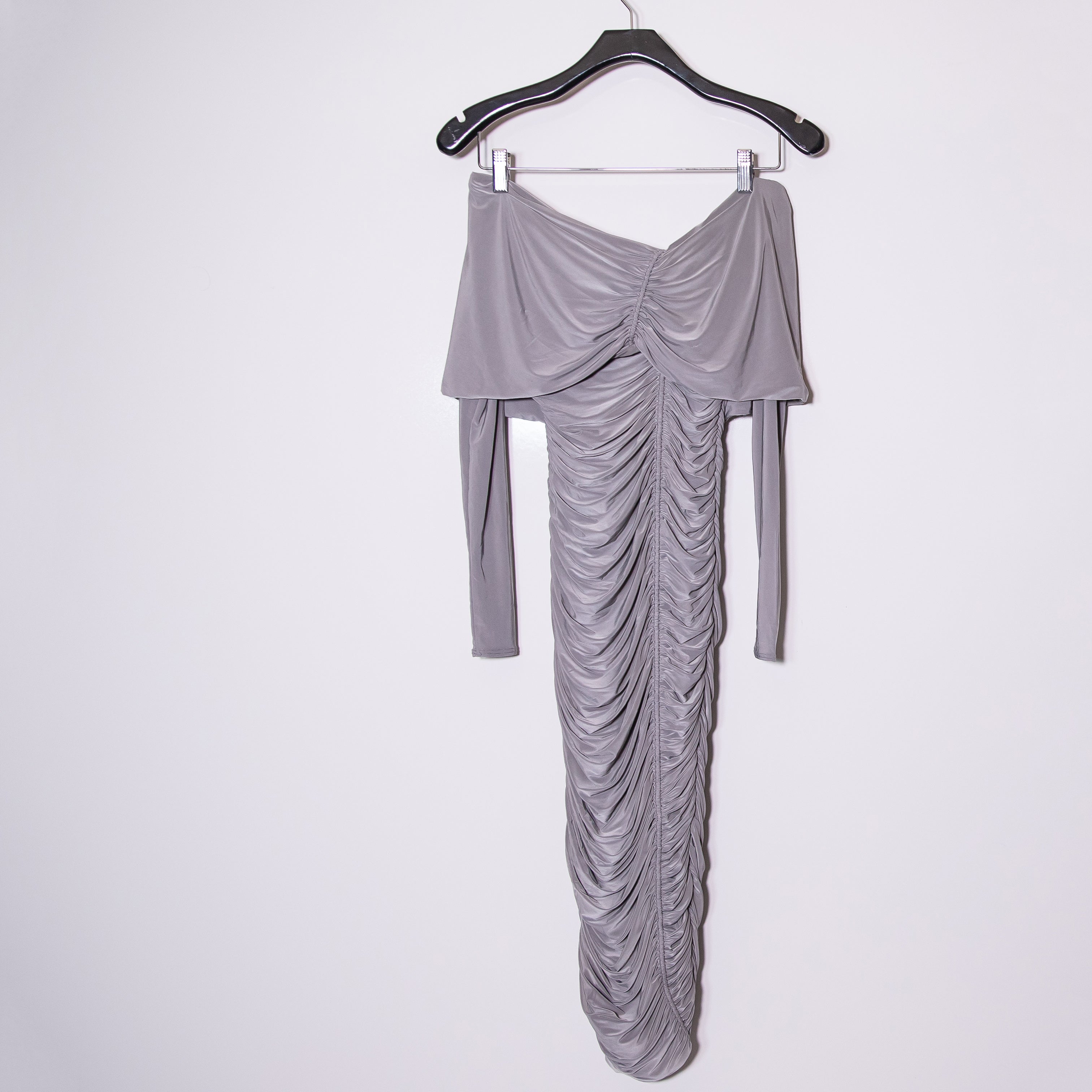 NEW Naked Wardrobe Ruched Jersey Knit Stretch Foldover Collar Bodycon Midi Dress