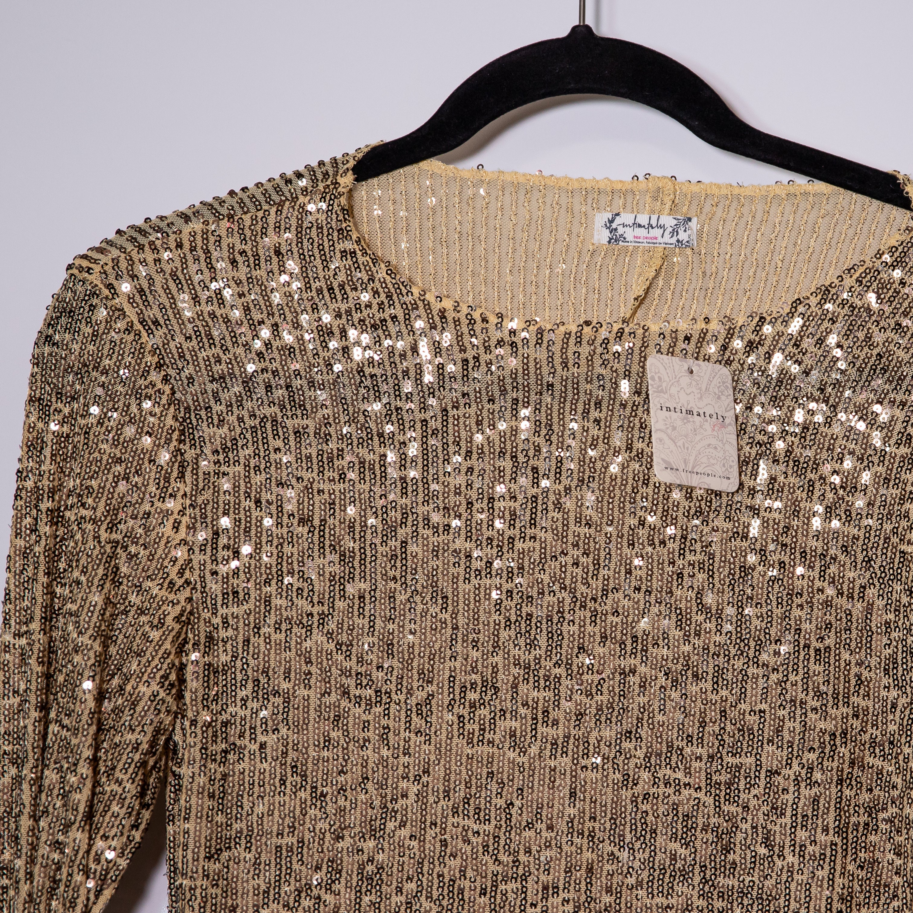 NEW Free People Gold Rush Sequin Sparkle Embellished Long Sleeve Shirt Top XS