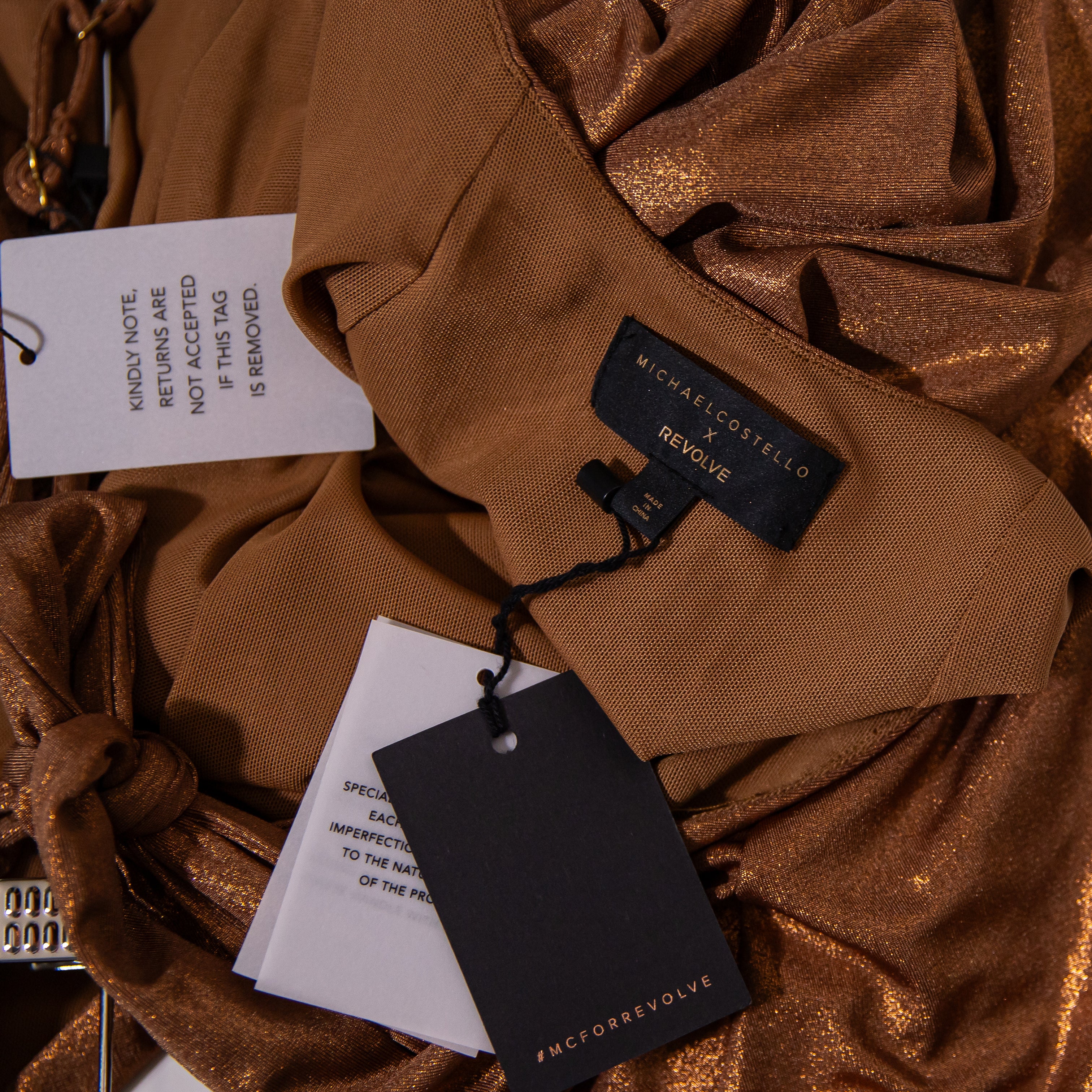 NEW Michael Costello Revolve Soleil Halter Neck Straight Maxi Gown Dress Bronze