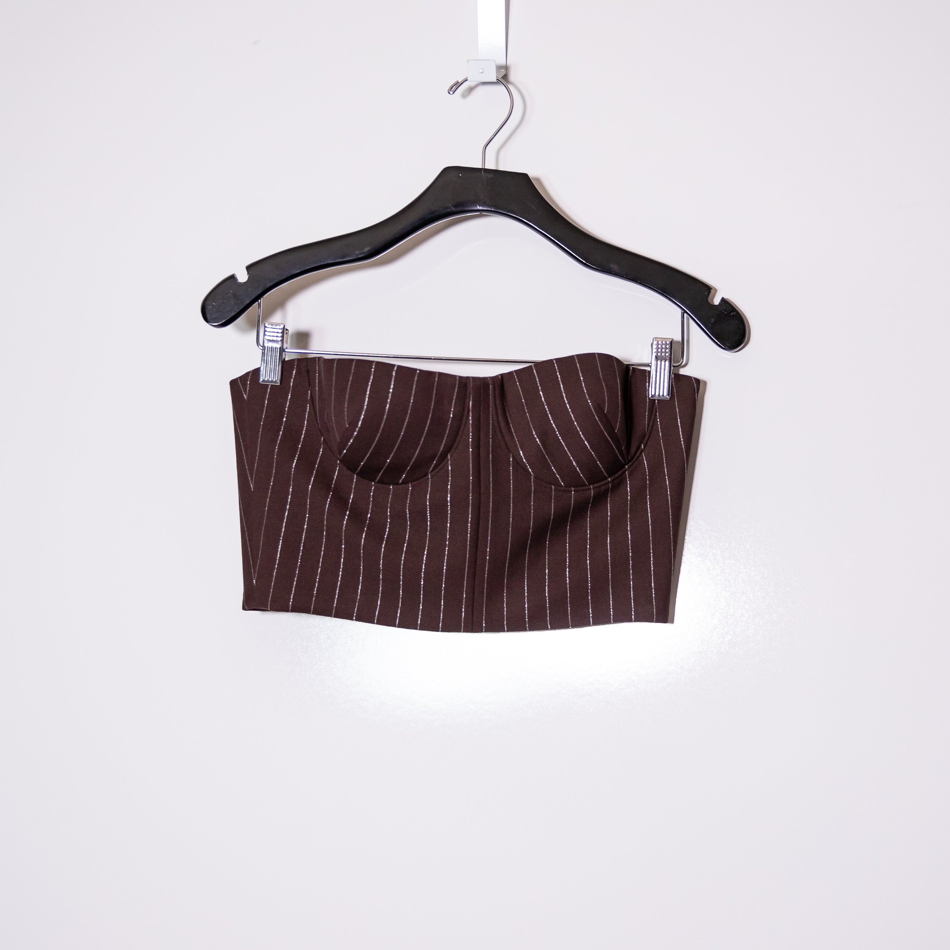Alex Perry Chocolate Gold Metallic Lurex Pinstripe Strapless Corset Crop Top 6