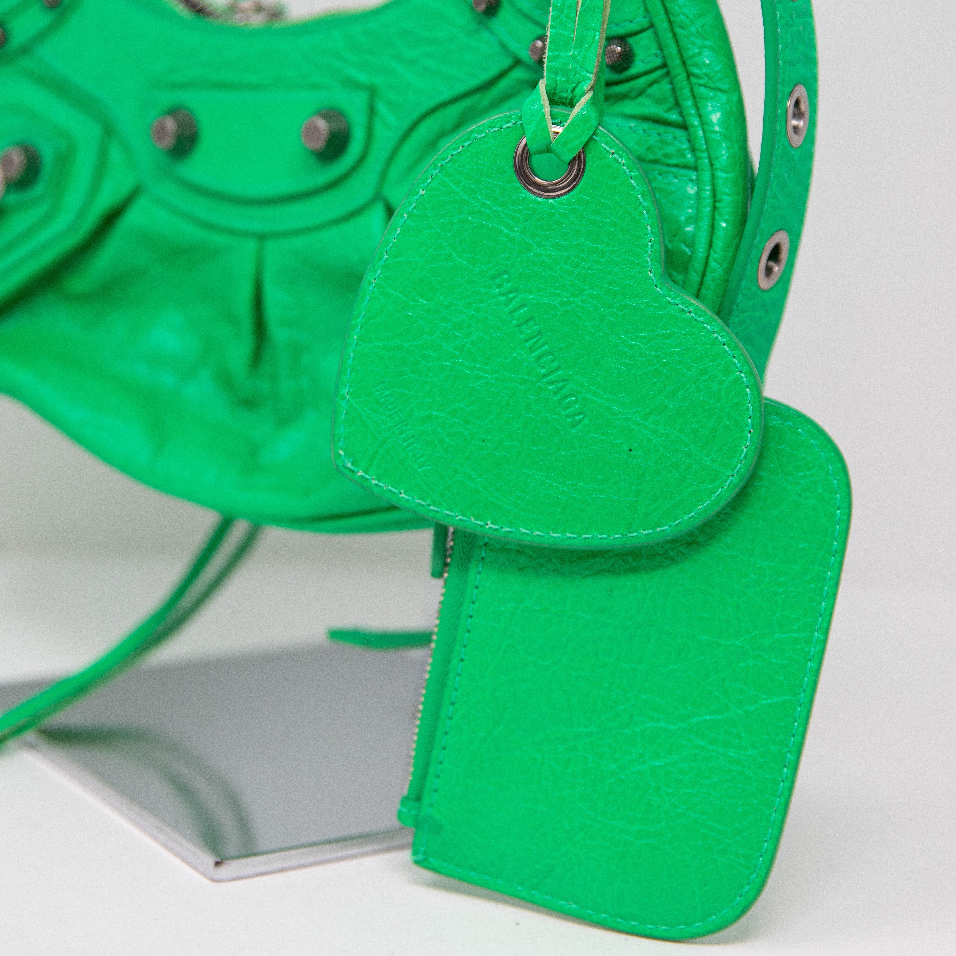 Balenciaga Le Cagole Genuine Lamb Leather Shoulder Purse Bag Vivid Green Silver