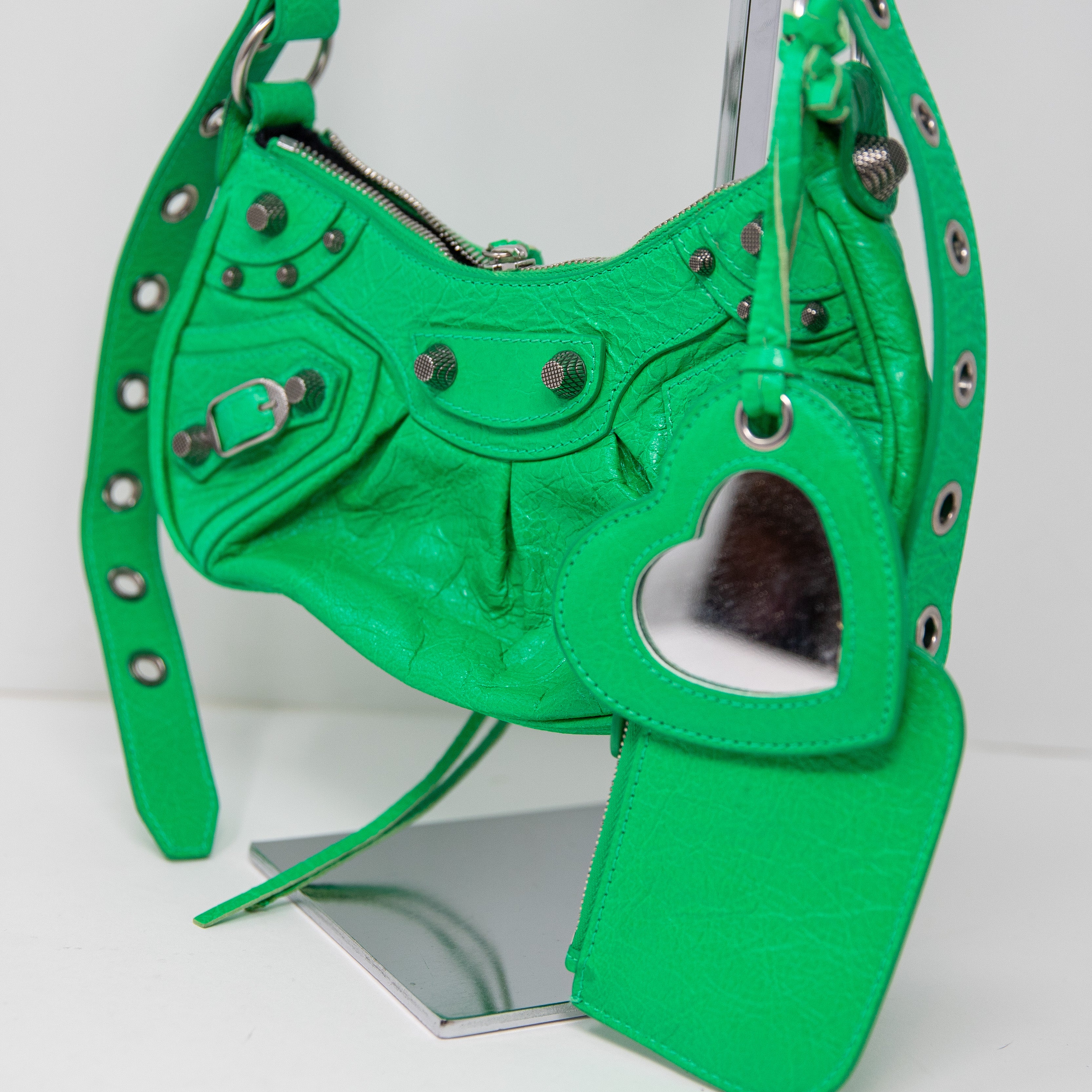Balenciaga Le Cagole Genuine Lamb Leather Shoulder Purse Bag Vivid Green Silver
