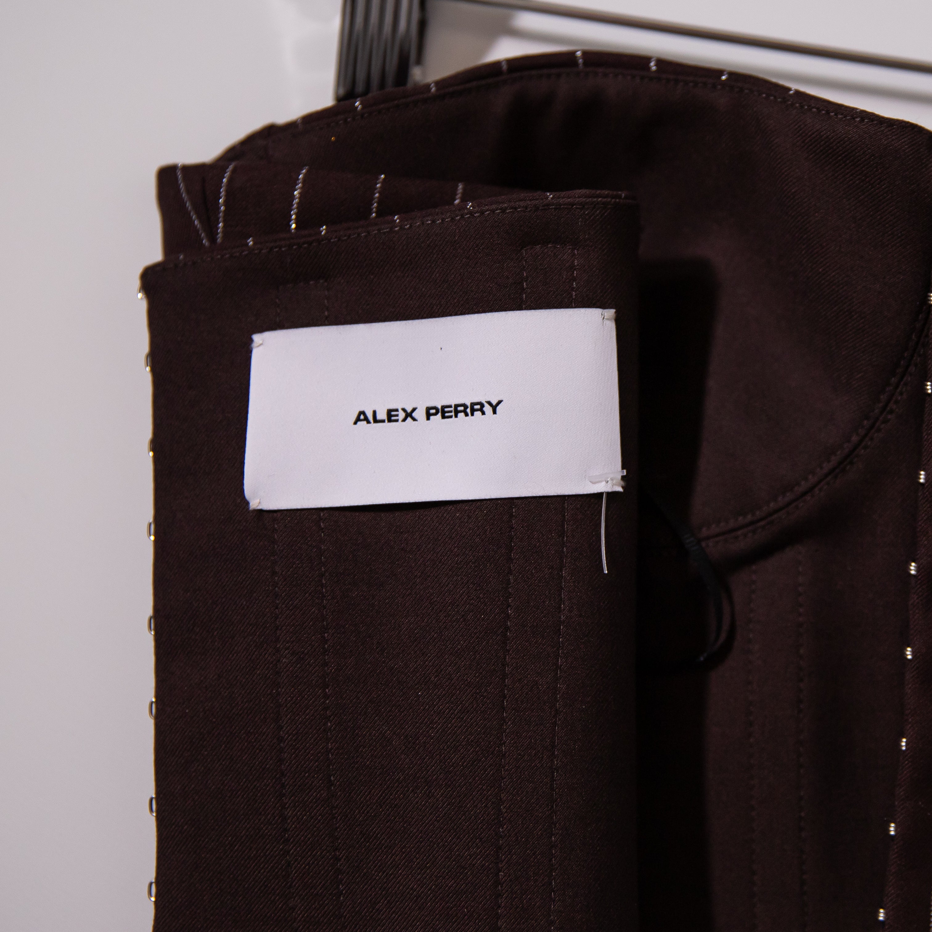 Alex Perry Chocolate Gold Metallic Lurex Pinstripe Strapless Corset Crop Top 6