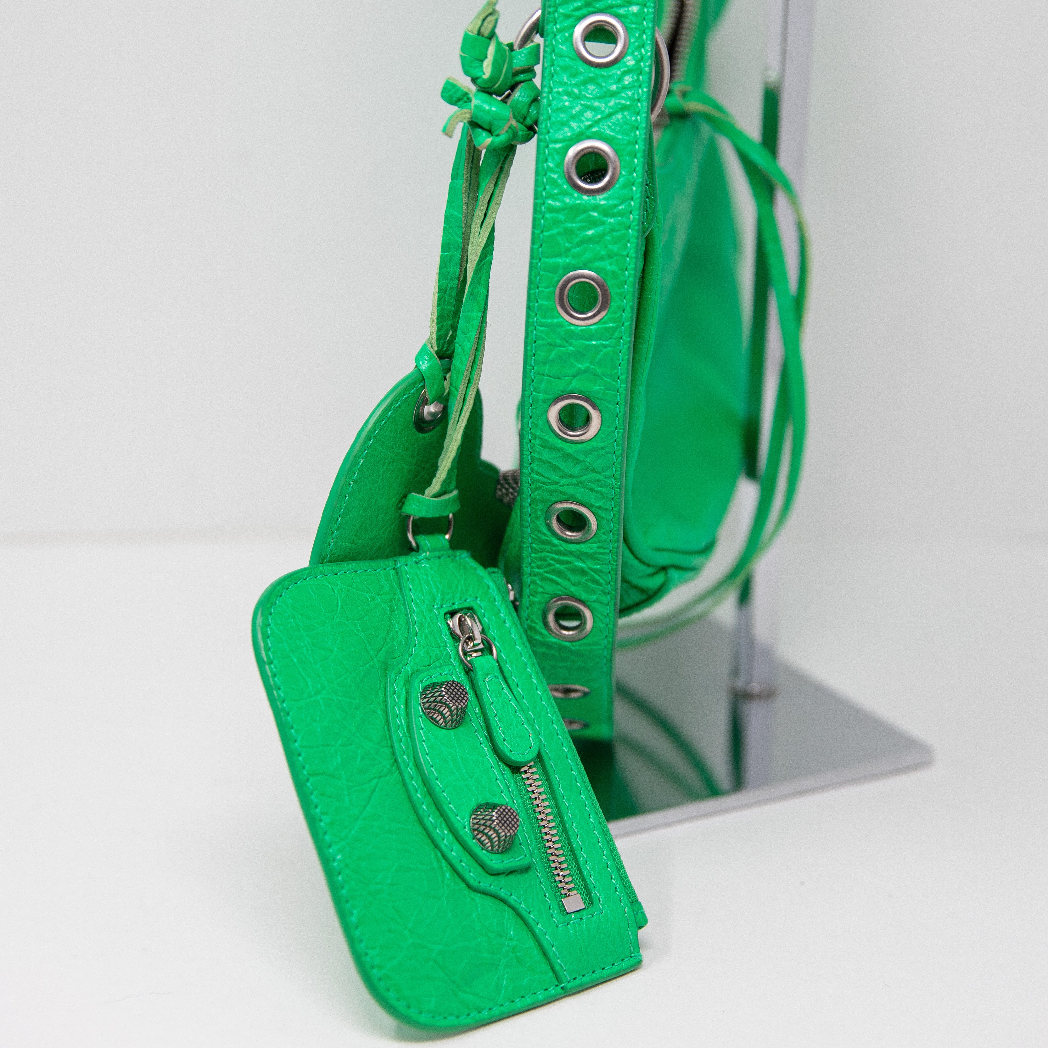 Balenciaga Le Cagole Genuine Lamb Leather Shoulder Purse Bag Vivid Green Silver