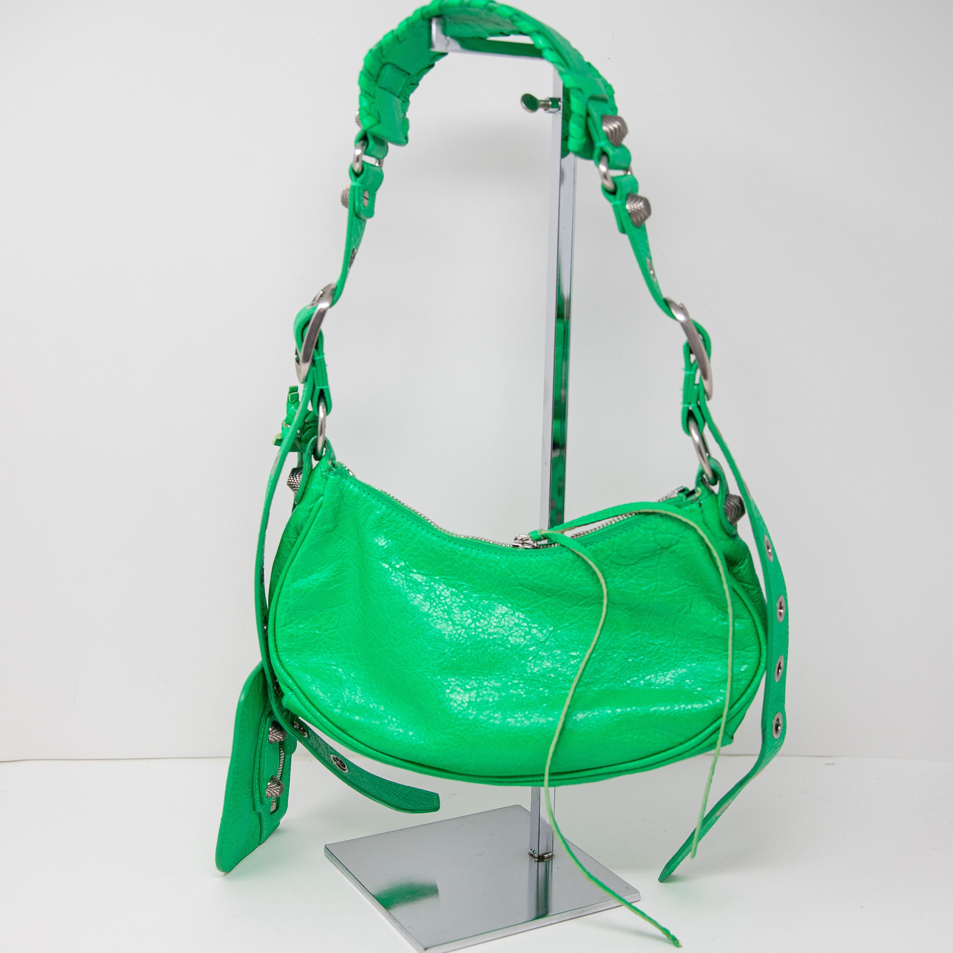 Balenciaga Le Cagole Genuine Lamb Leather Shoulder Purse Bag Vivid Green Silver