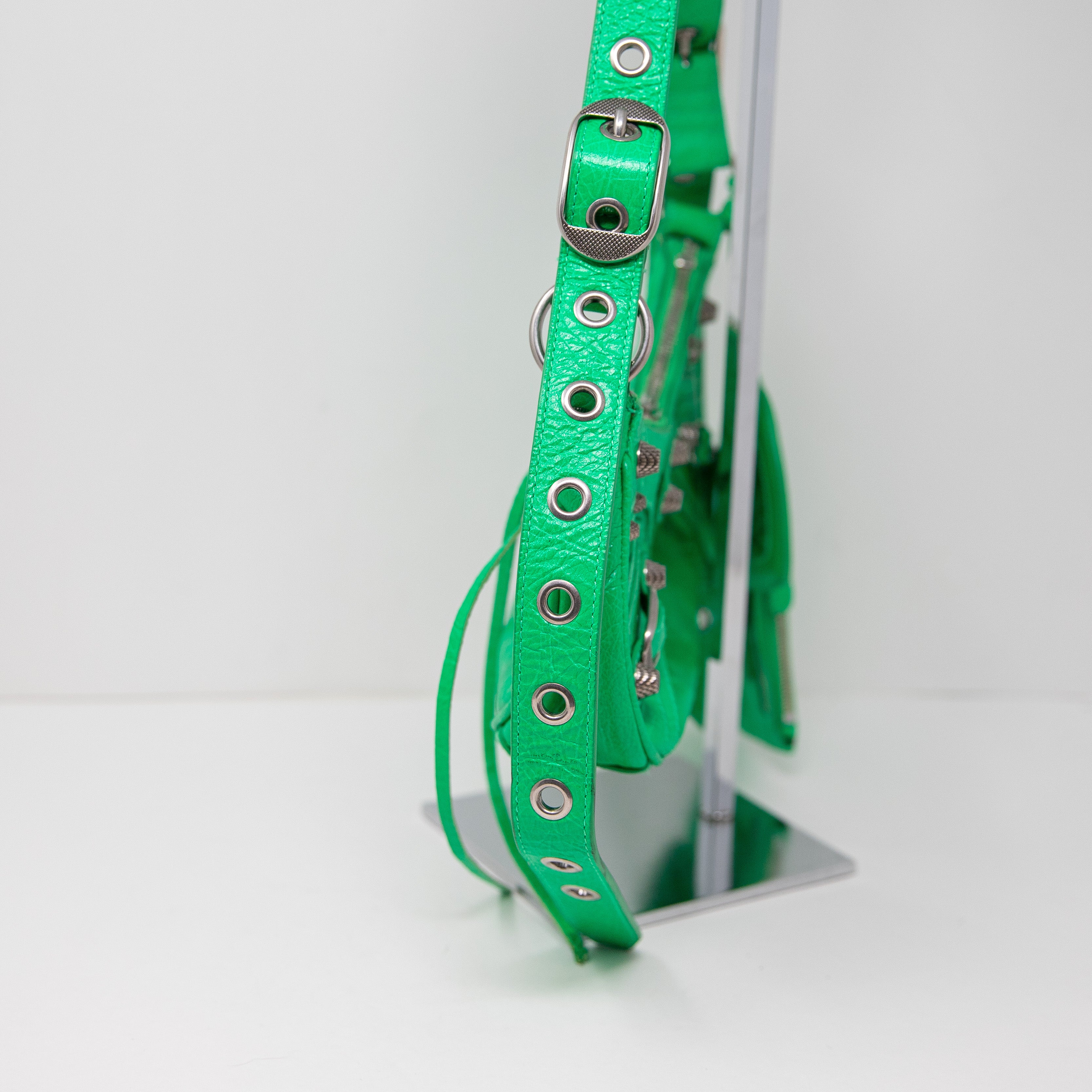 Balenciaga Le Cagole Genuine Lamb Leather Shoulder Purse Bag Vivid Green Silver