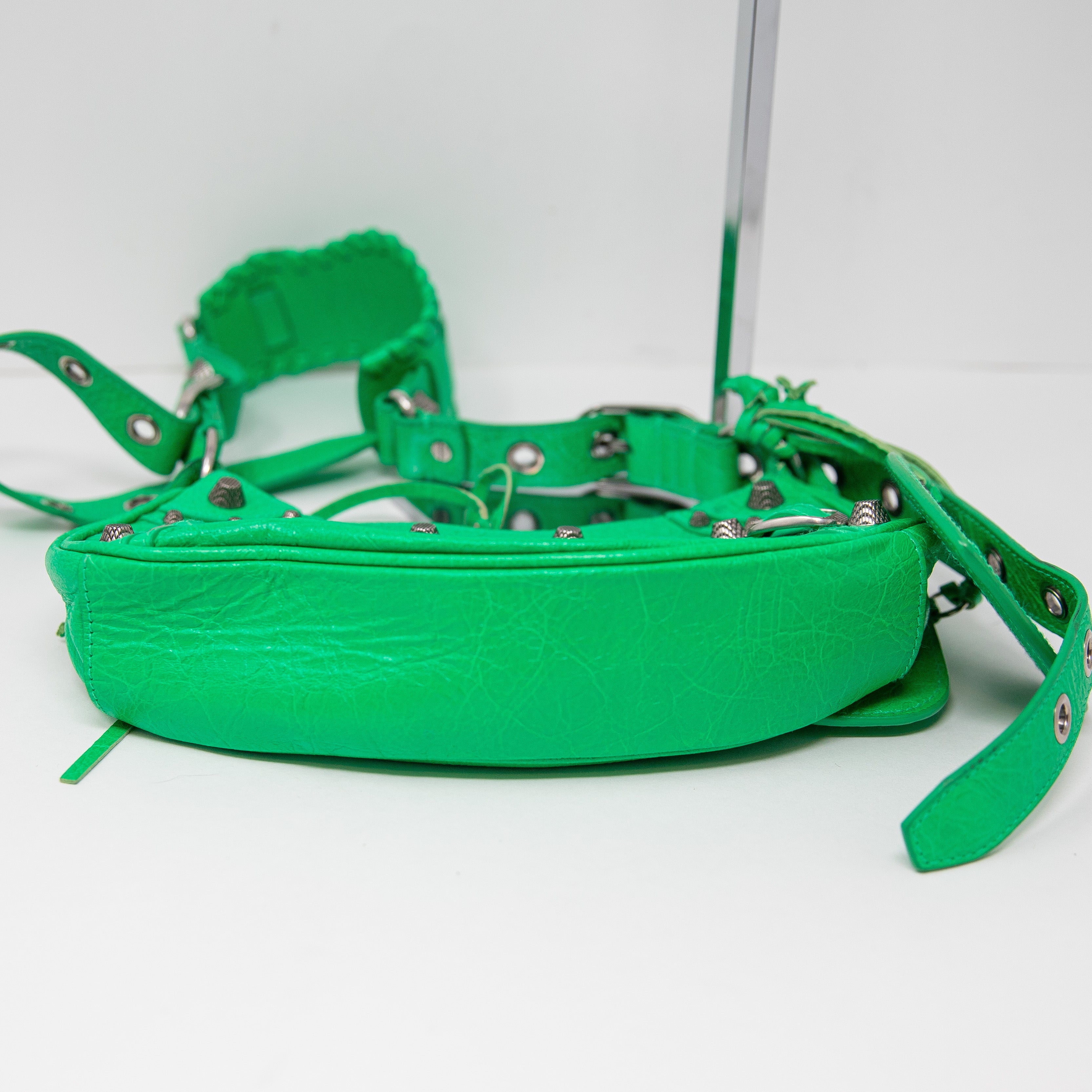 Balenciaga Le Cagole Genuine Lamb Leather Shoulder Purse Bag Vivid Green Silver