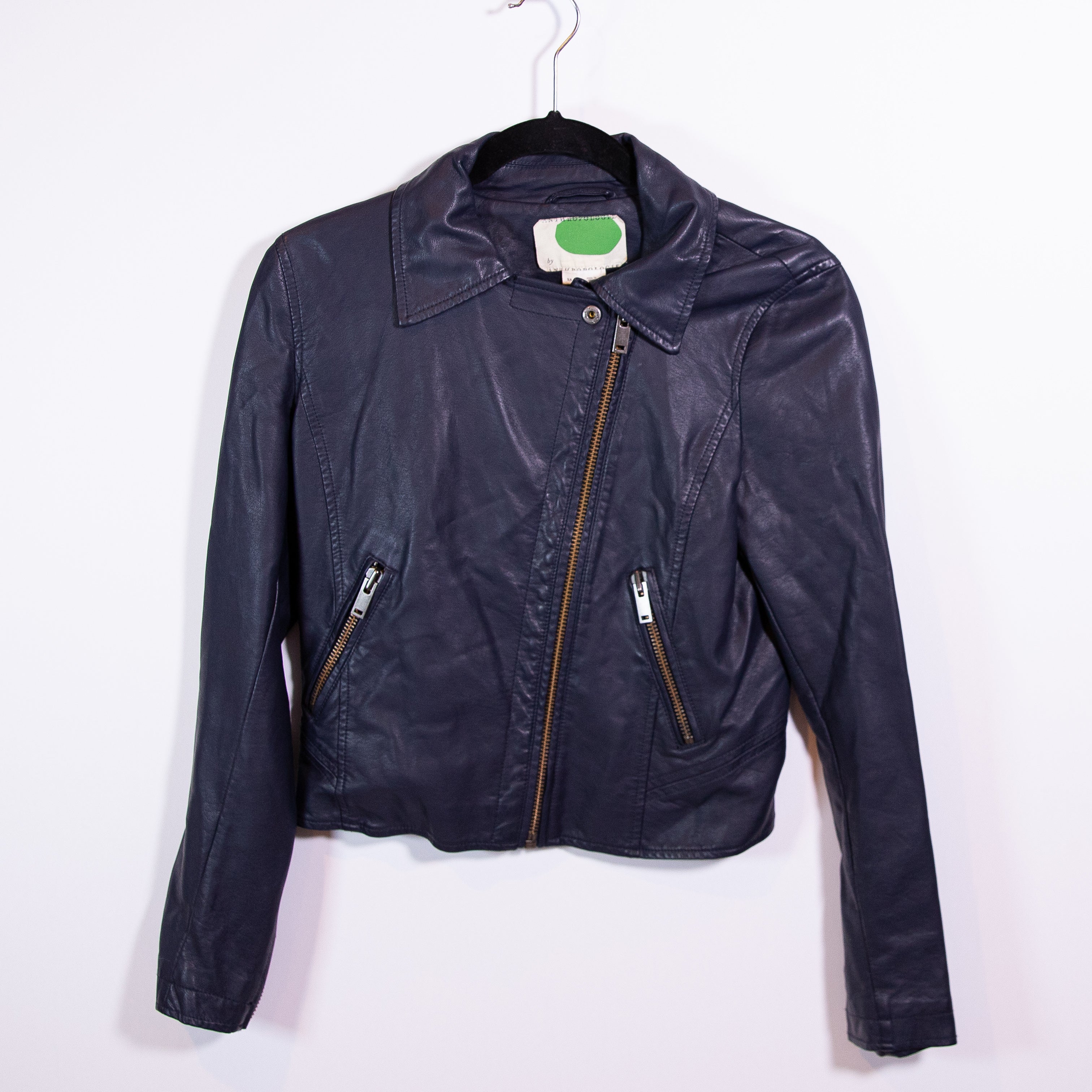 Anthropologie Faux Vegan Leather Asymmetrical Zip Collared Moto Jacket Coat Blue