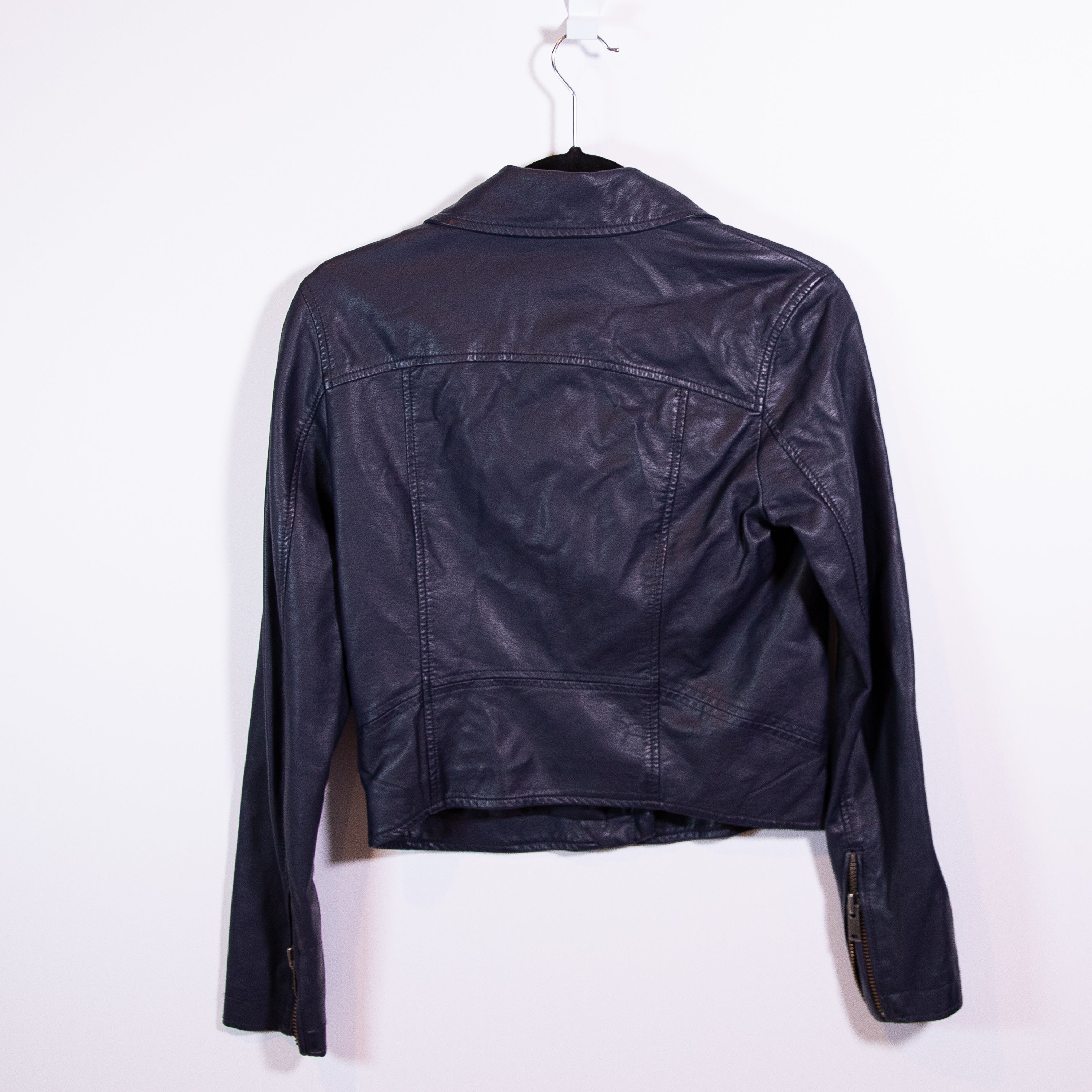 Anthropologie Faux Vegan Leather Asymmetrical Zip Collared Moto Jacket Coat Blue